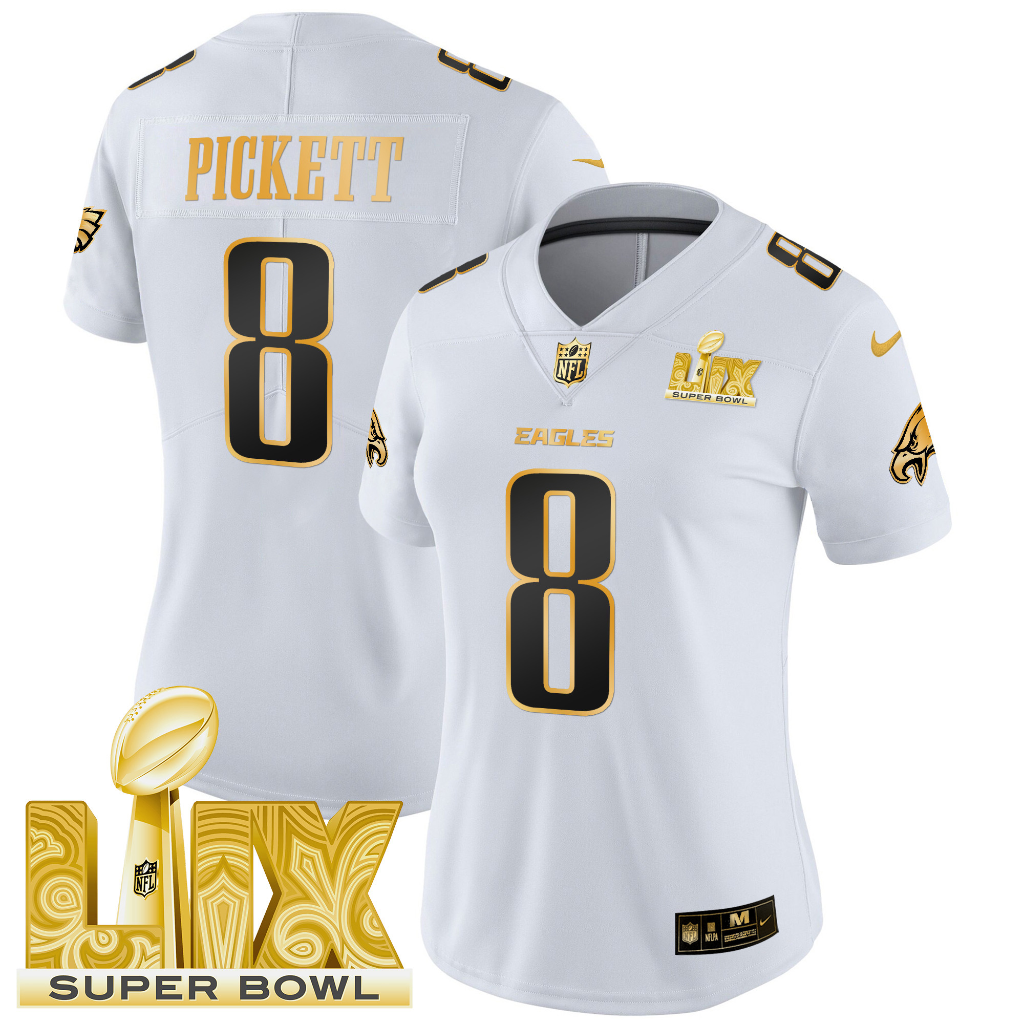 Women's Kenny Pickett Philadelphia Eagles Super Bowl LIX Patch Gold Vapor Limited White Gold Jersey - All Stitched