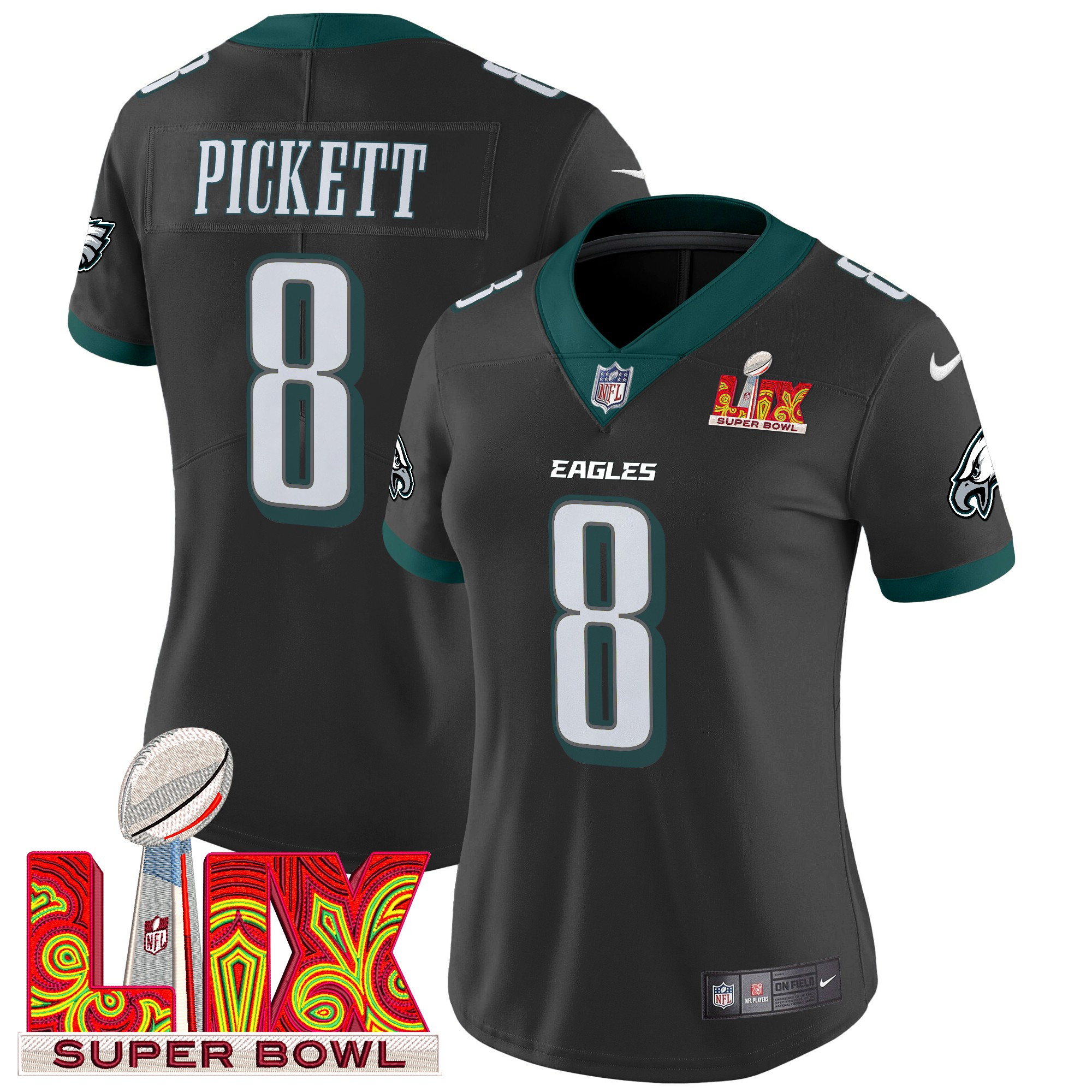 Women's Kenny Pickett Philadelphia Eagles Super Bowl LIX Patch Vapor Limited Black Jersey - All Stitched