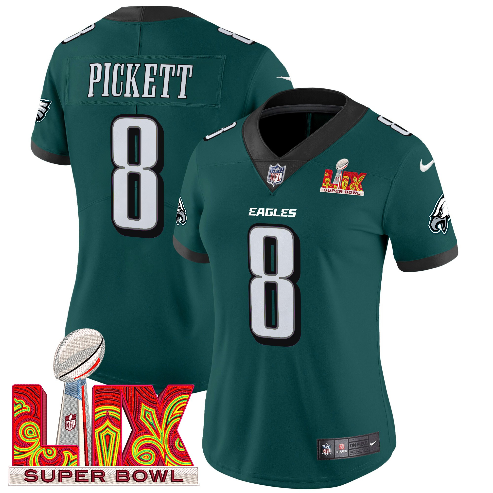 Women's Kenny Pickett Philadelphia Eagles Super Bowl LIX Patch Vapor Limited Midnight Green Jersey - All Stitched