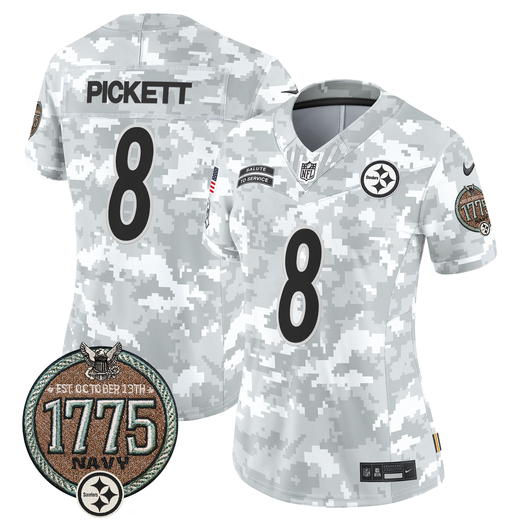 Women's Kenny Pickett Pittsburgh Steelers 2024 Salute to Service Establishment Year Patch Vapor Limited Navy Jersey - All Stitched