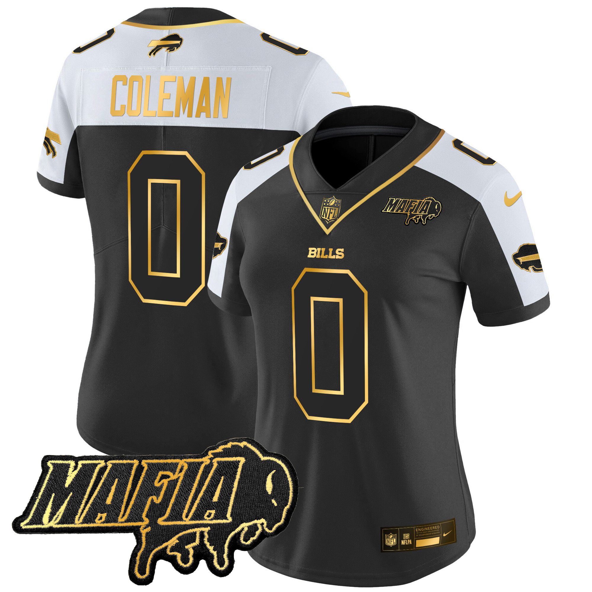 Women's Keon Coleman Buffalo Bills 2024 Buffalo Bills Mafia Patch Gold Vapor Limited Alternate Jersey - All Stitched