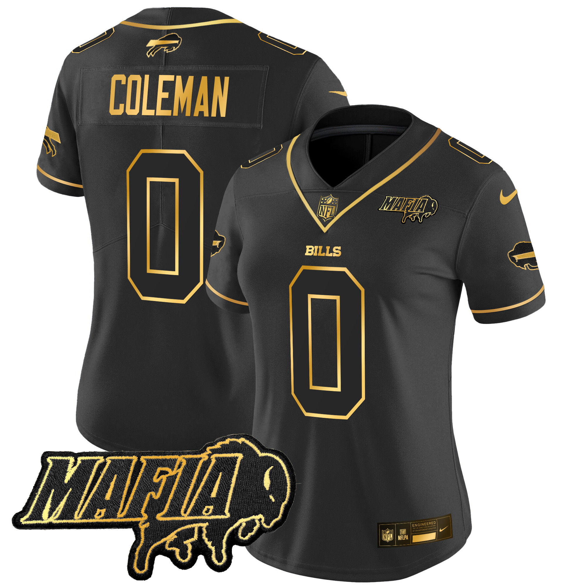 Women's Keon Coleman Buffalo Bills 2024 Buffalo Bills Mafia Patch Gold Vapor Limited Black Gold Jersey - All Stitched