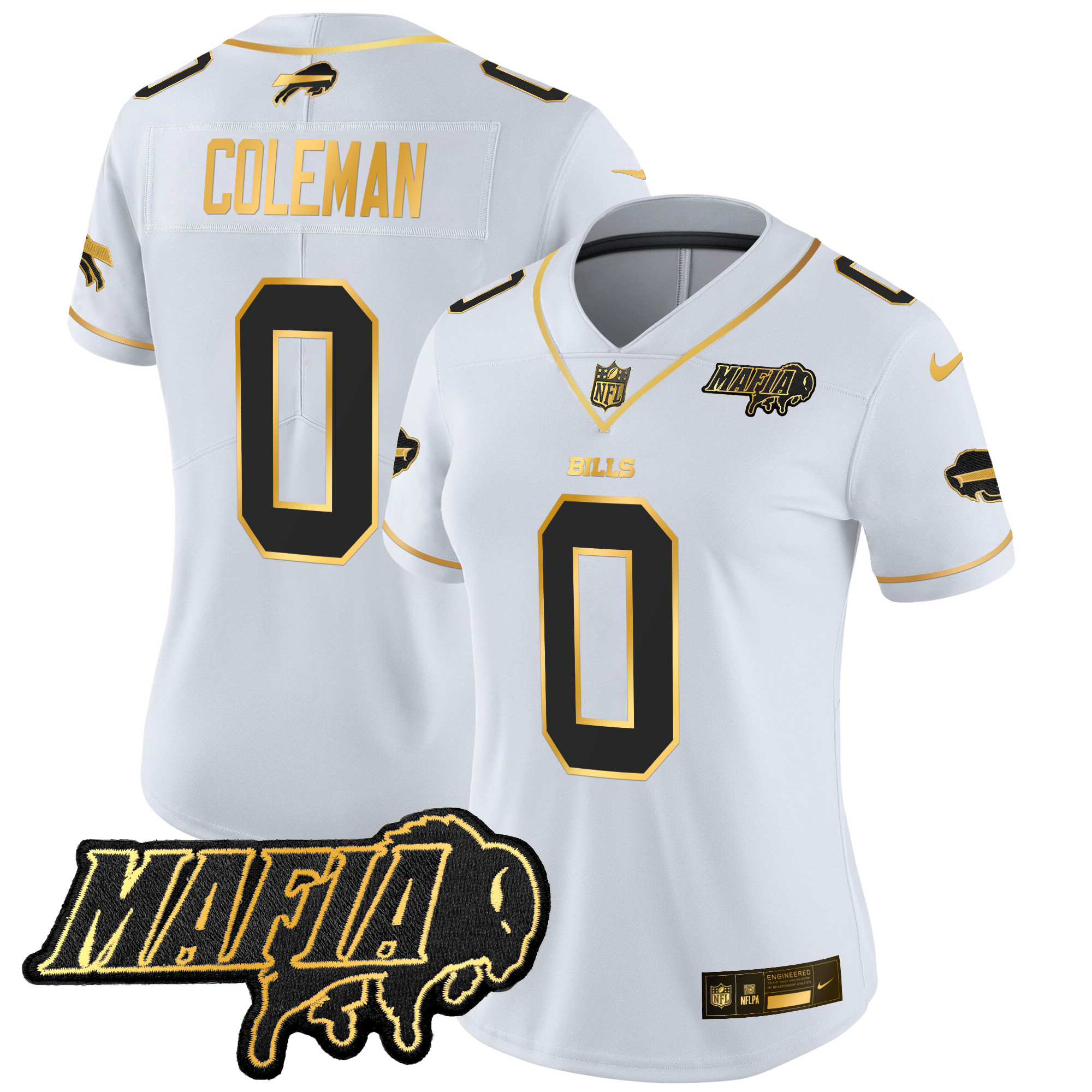 Women's Keon Coleman Buffalo Bills 2024 Buffalo Bills Mafia Patch Gold Vapor Limited White Gold Jersey - All Stitched
