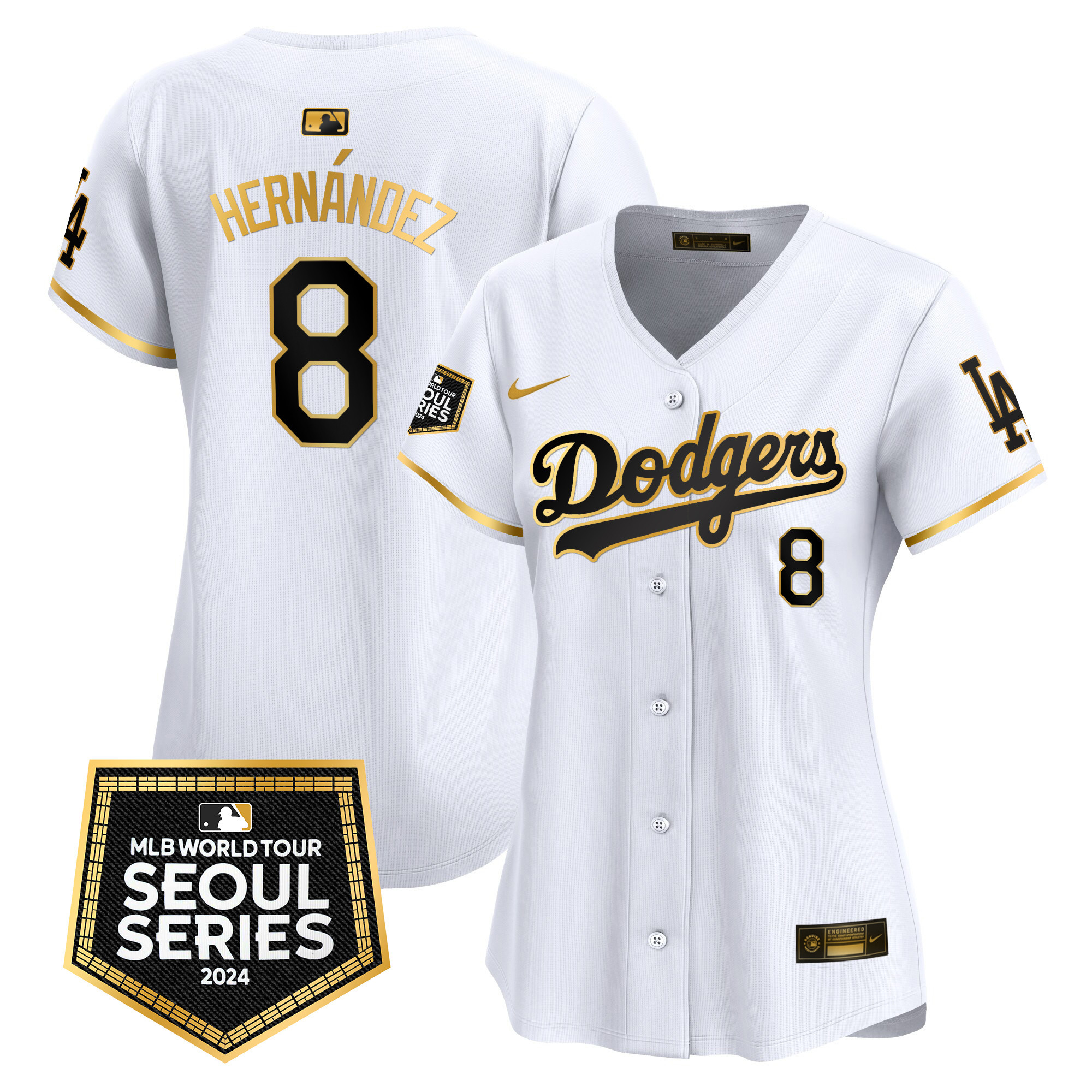 Women's Kike Hernandez Los Angeles Dodgers 2024 World Tour Seoul Series Patch Vapor Premier Limited White Gold Jersey - All Stitched