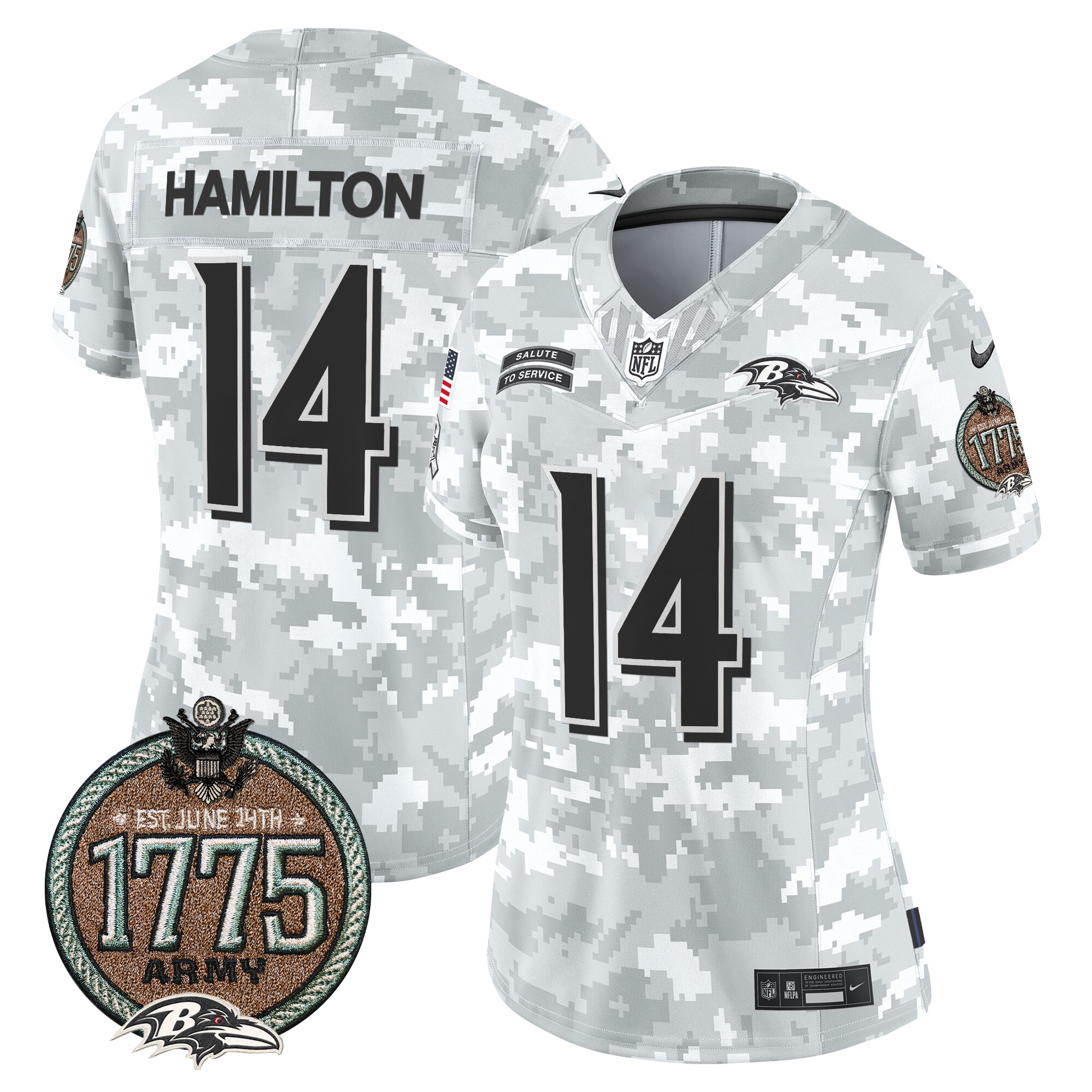 Women's Kyle Hamilton Baltimore Ravens 2024 Salute to Service Establishment Year Patch Vapor Limited Army Jersey - All Stitched