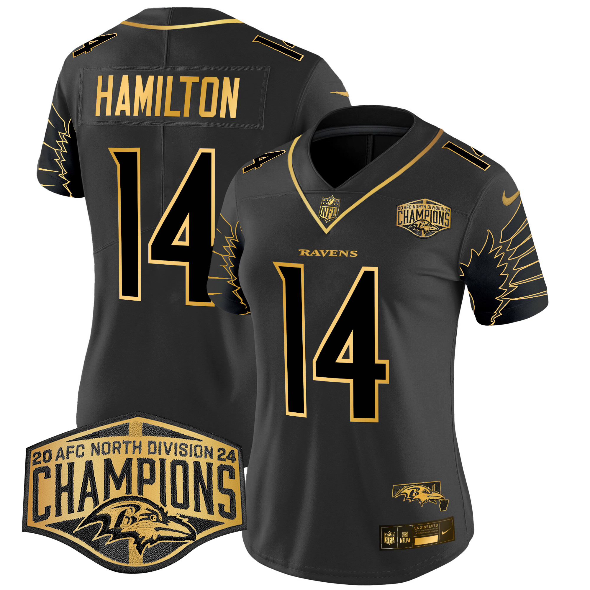 Women's Kyle Hamilton Baltimore Ravens Maryland 2024 AFC North Division Champions Patch Gold Vapor Limited Black Gold Jersey - All Stitched