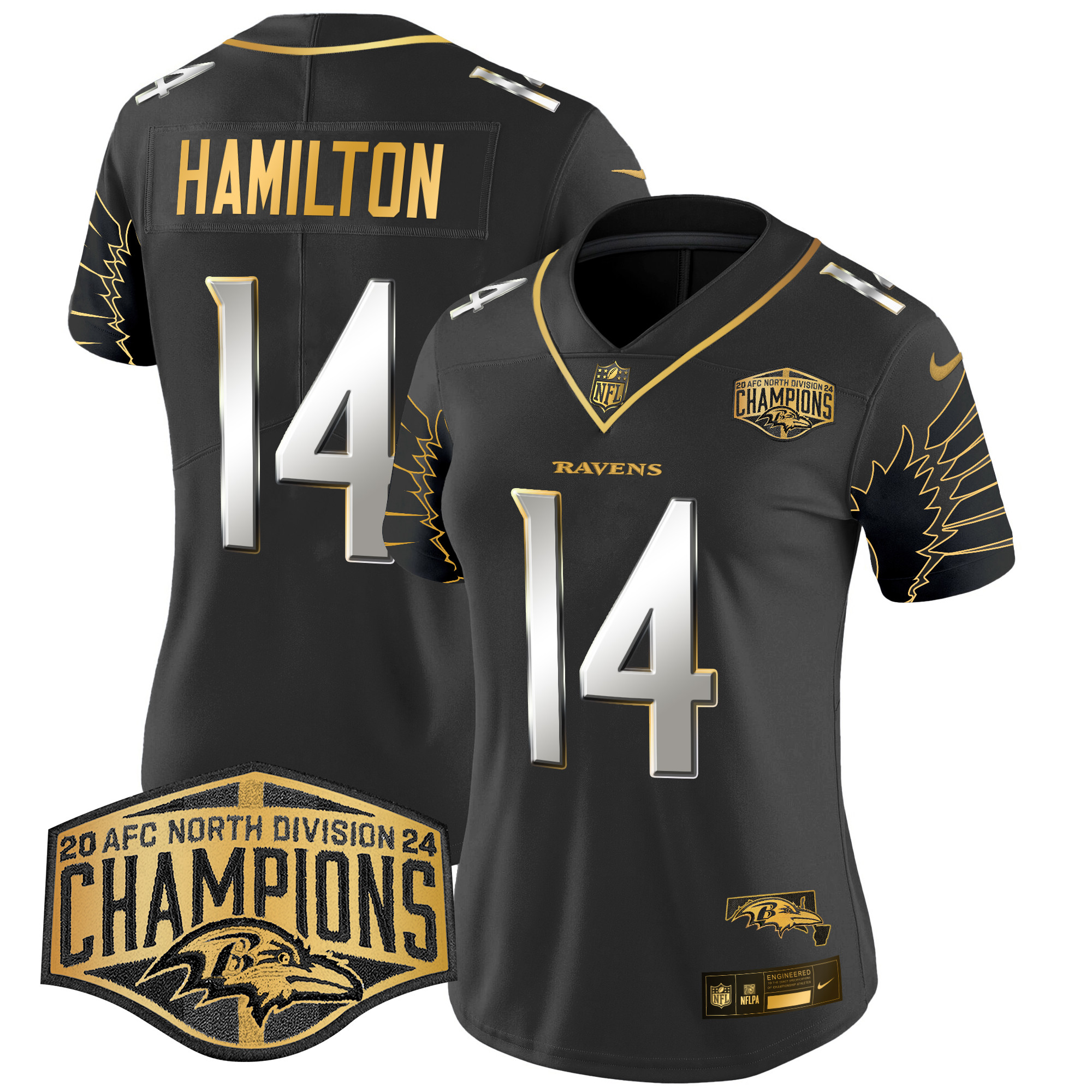Women's Kyle Hamilton Baltimore Ravens Maryland 2024 AFC North Division Champions Patch Gold Vapor Limited Black Limited Jersey - All Stitched