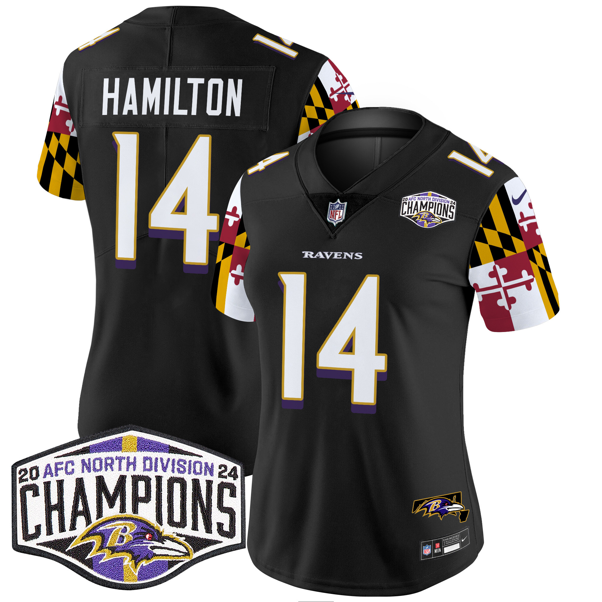 Women's Kyle Hamilton Baltimore Ravens Maryland Flag 2024 AFC North Division Champions Patch Vapor Limited Black Jersey - All Stitched