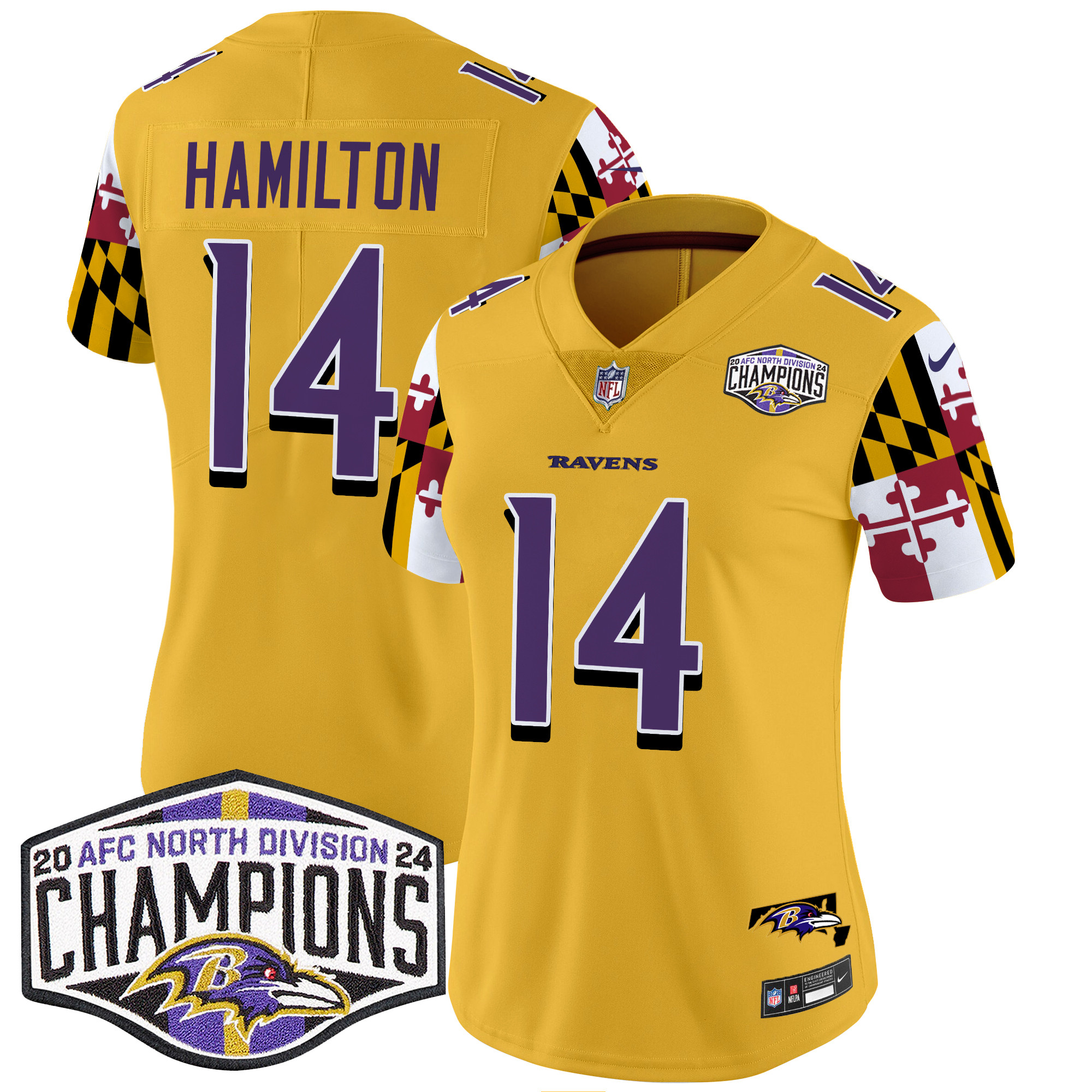 Women's Kyle Hamilton Baltimore Ravens Maryland Flag 2024 AFC North Division Champions Patch Vapor Limited Gold Jersey - All Stitched
