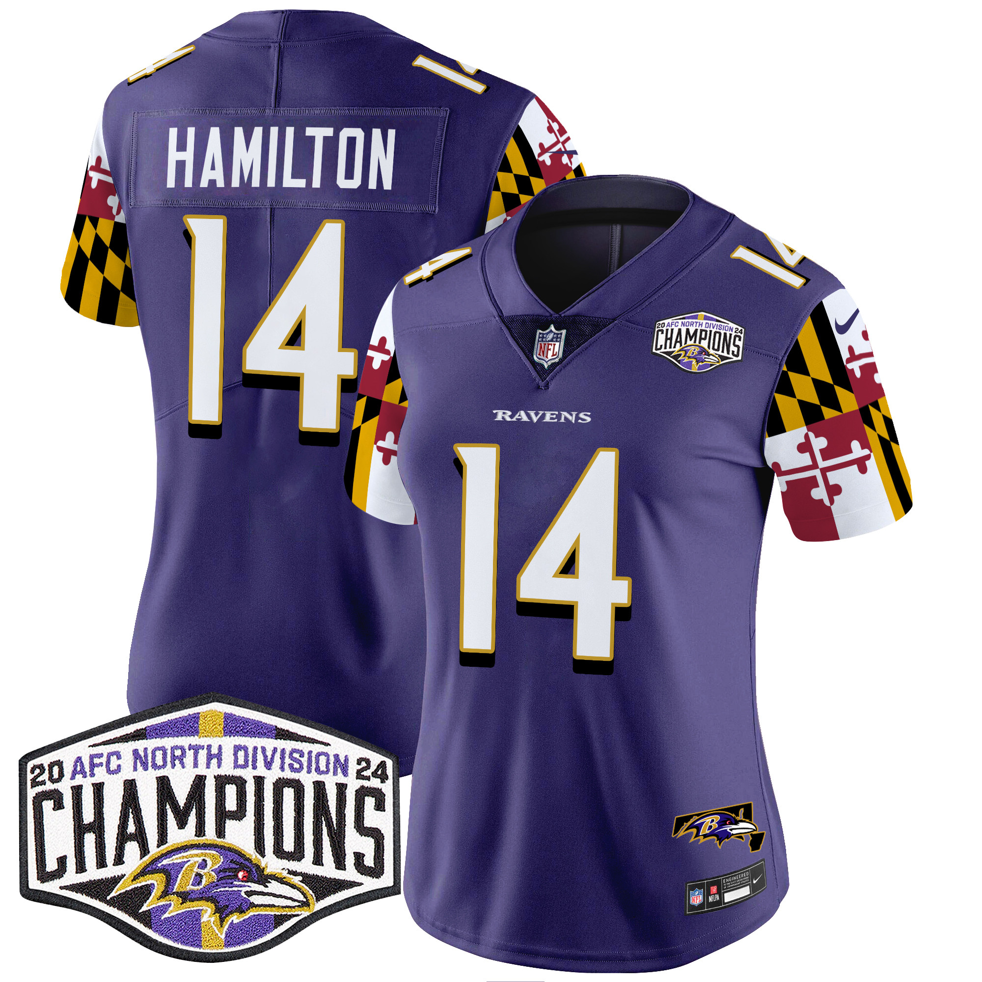 Women's Kyle Hamilton Baltimore Ravens Maryland Flag 2024 AFC North Division Champions Patch Vapor Limited Purple Jersey - All Stitched