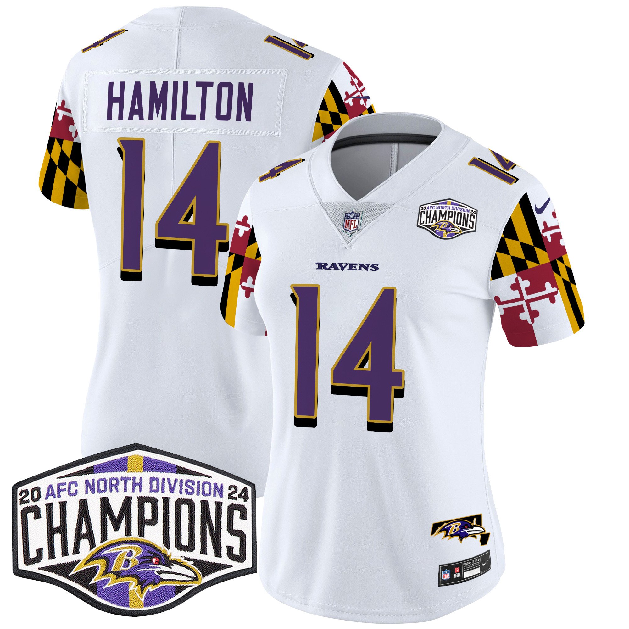 Women's Kyle Hamilton Baltimore Ravens Maryland Flag 2024 AFC North Division Champions Patch Vapor Limited White Jersey - All Stitched
