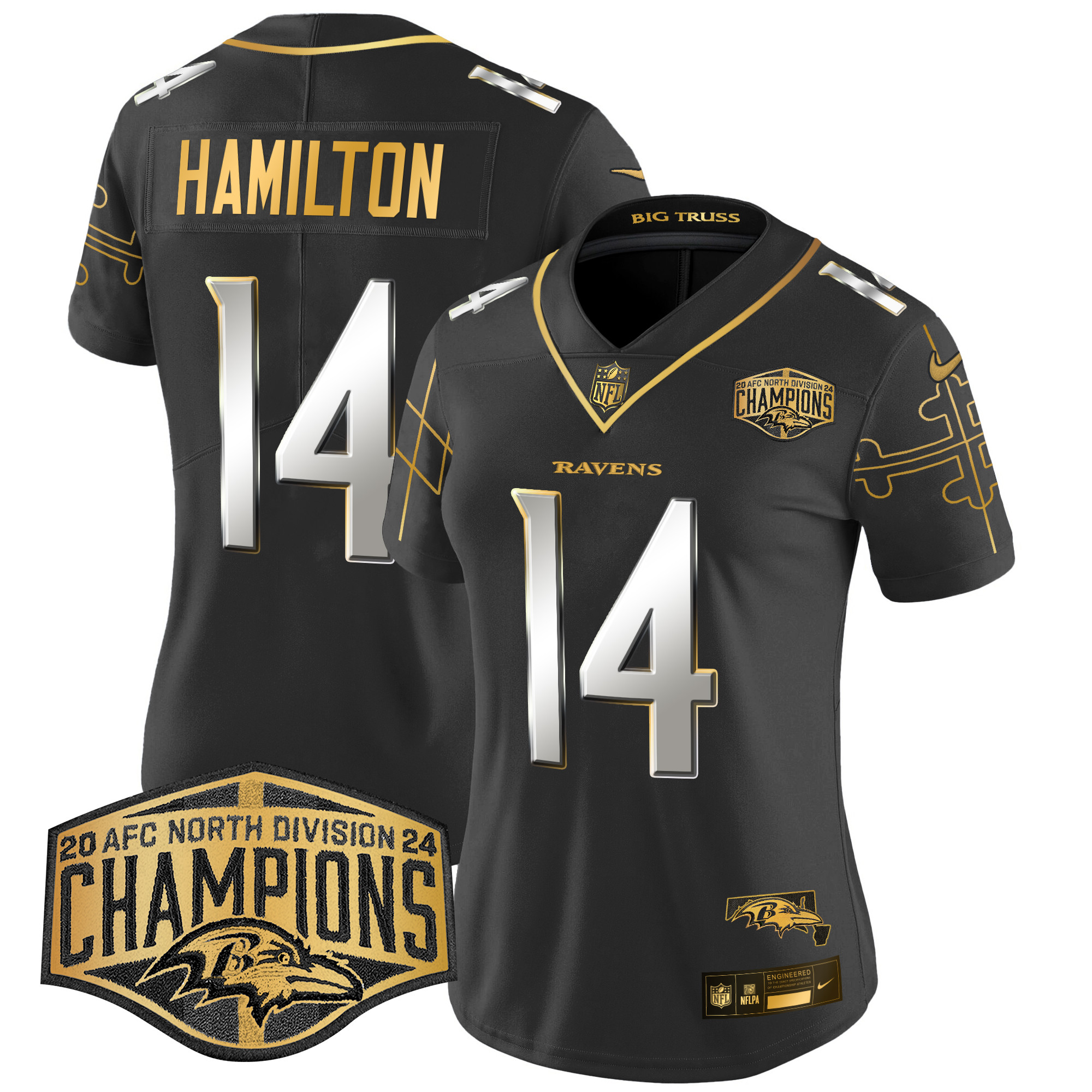 Women's Kyle Hamilton Baltimore Ravens Maryland Flag Map 2024 AFC North Division Champions Patch Gold Vapor Limited Black Limited Jersey - All Stitched