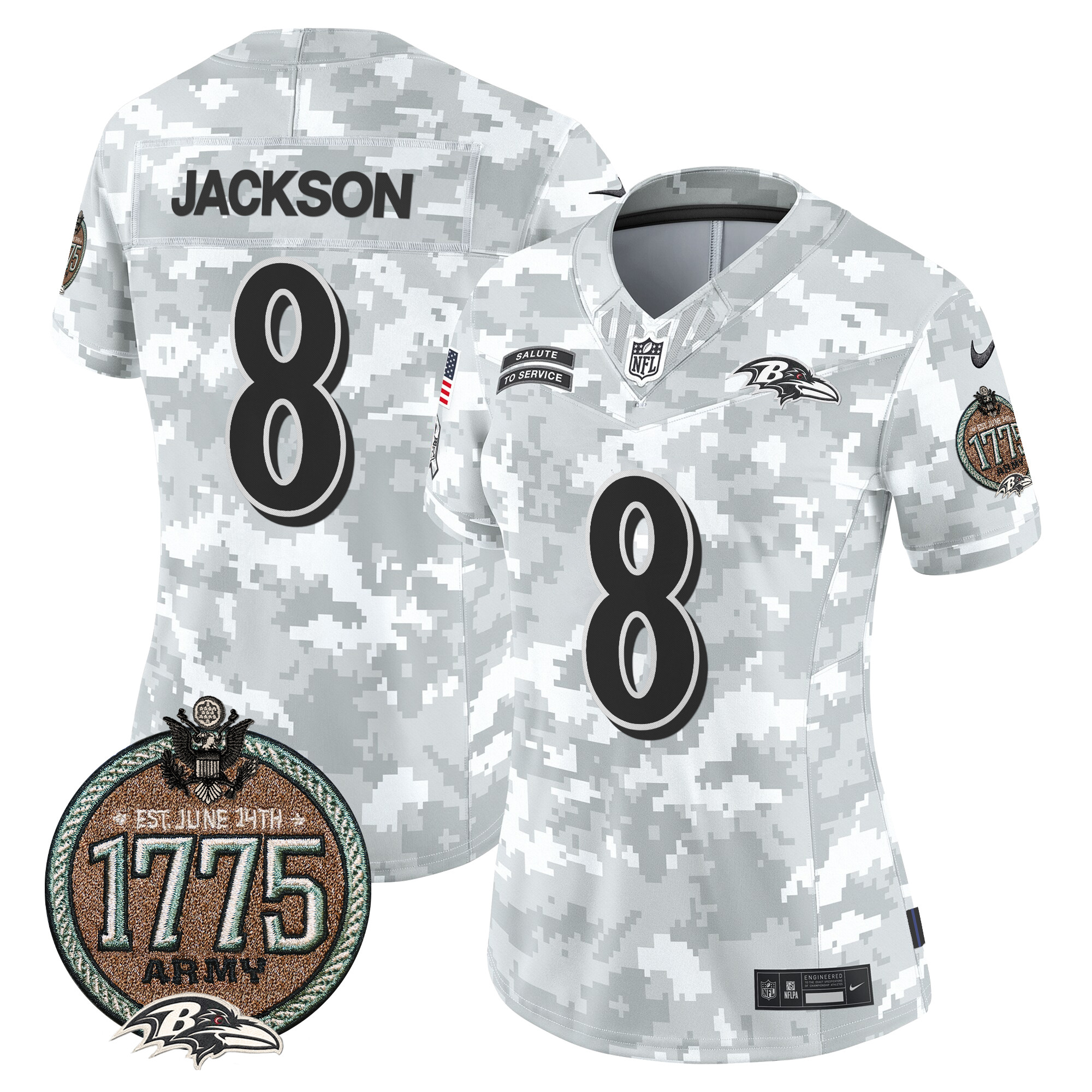 Women's Lamar Jackson Baltimore Ravens 2024 Salute to Service Establishment Year Patch Vapor Limited Army Jersey - All Stitched