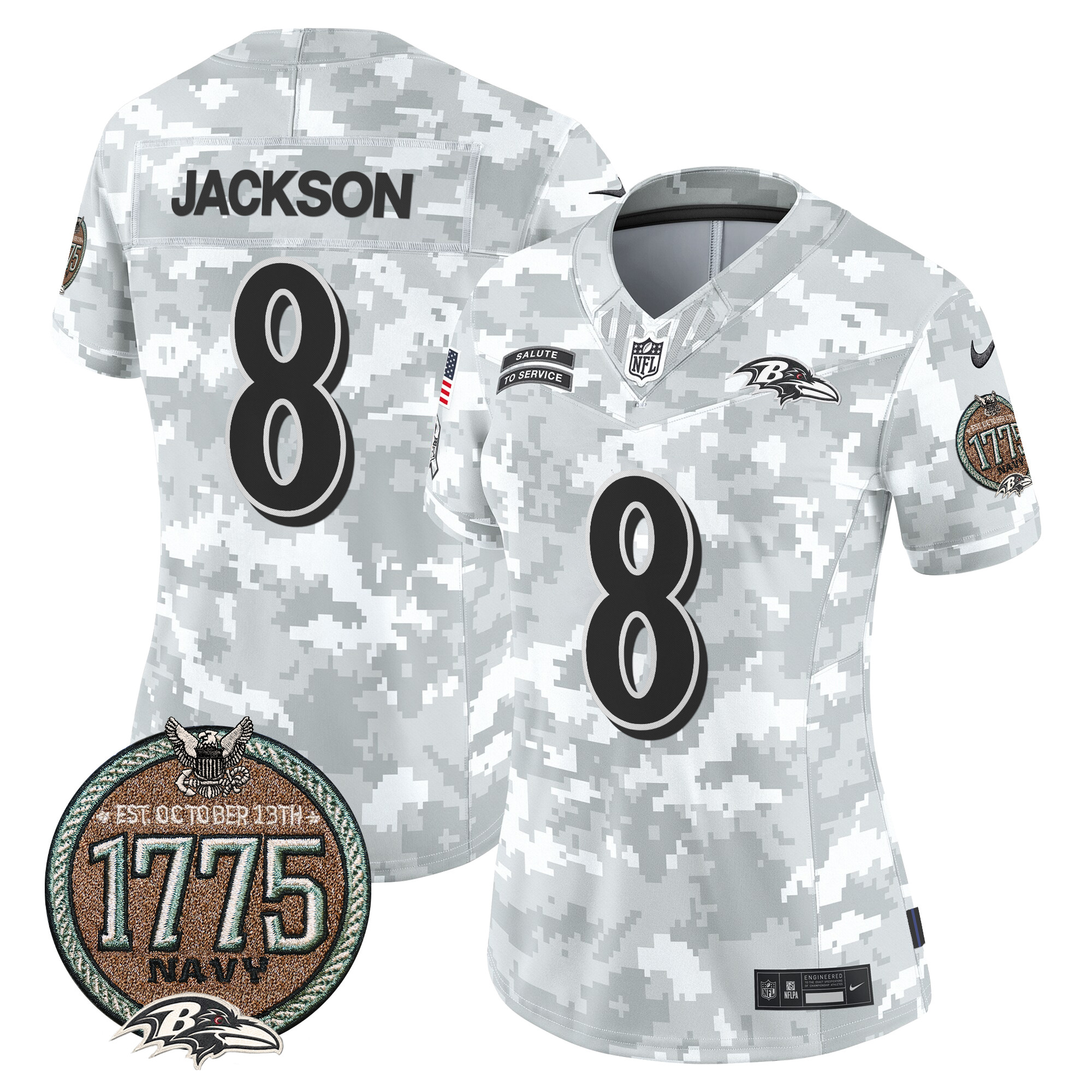 Women's Lamar Jackson Baltimore Ravens 2024 Salute to Service Establishment Year Patch Vapor Limited Navy Jersey - All Stitched