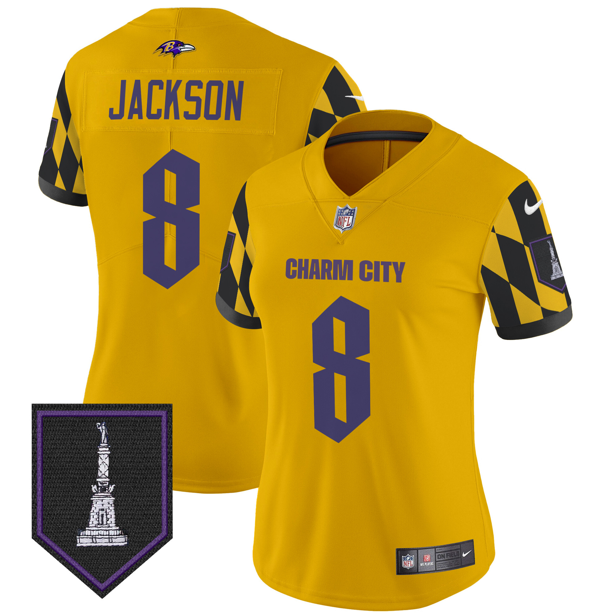 Women's Lamar Jackson Baltimore Ravens City Edition Patch Vapor Limited Gold Jersey - All Stitched