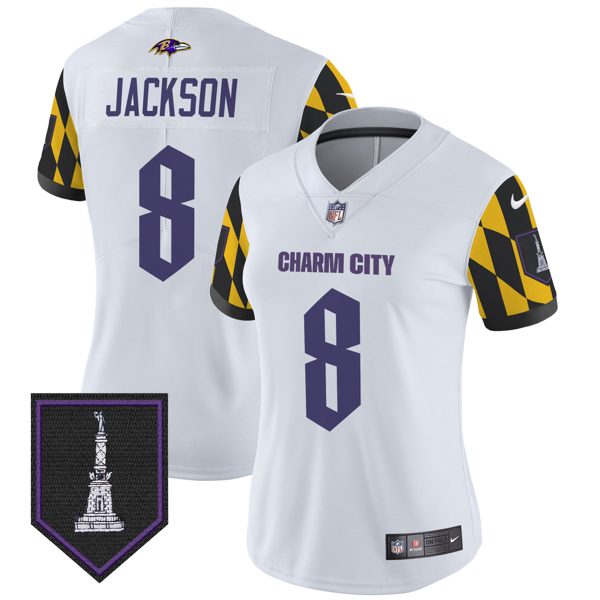 Women's Lamar Jackson Baltimore Ravens City Edition Patch Vapor Limited White Jersey - All Stitched