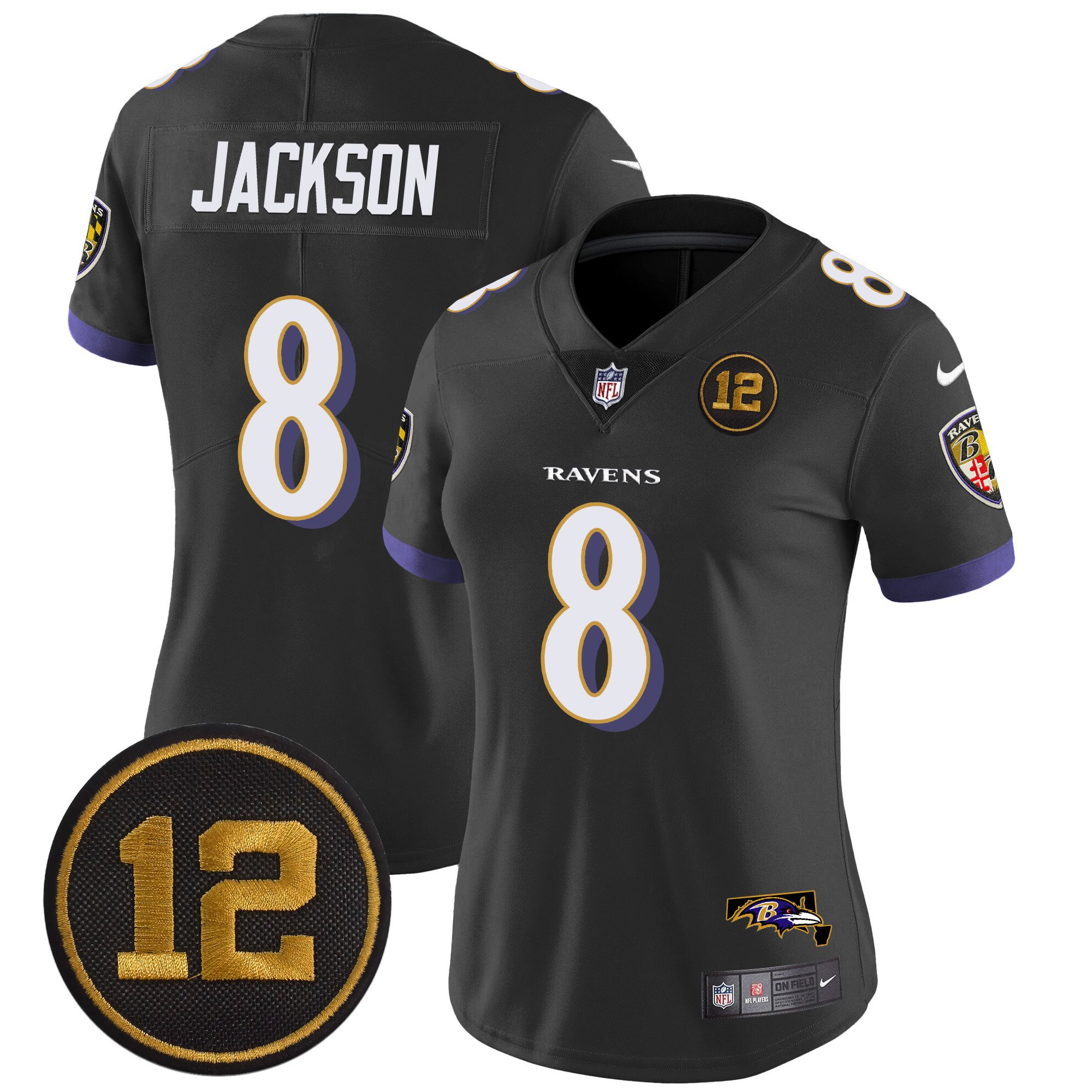 Women's Lamar Jackson Baltimore Ravens Jacoby Jones Patch Vapor Limited Black Jersey - All Stitched