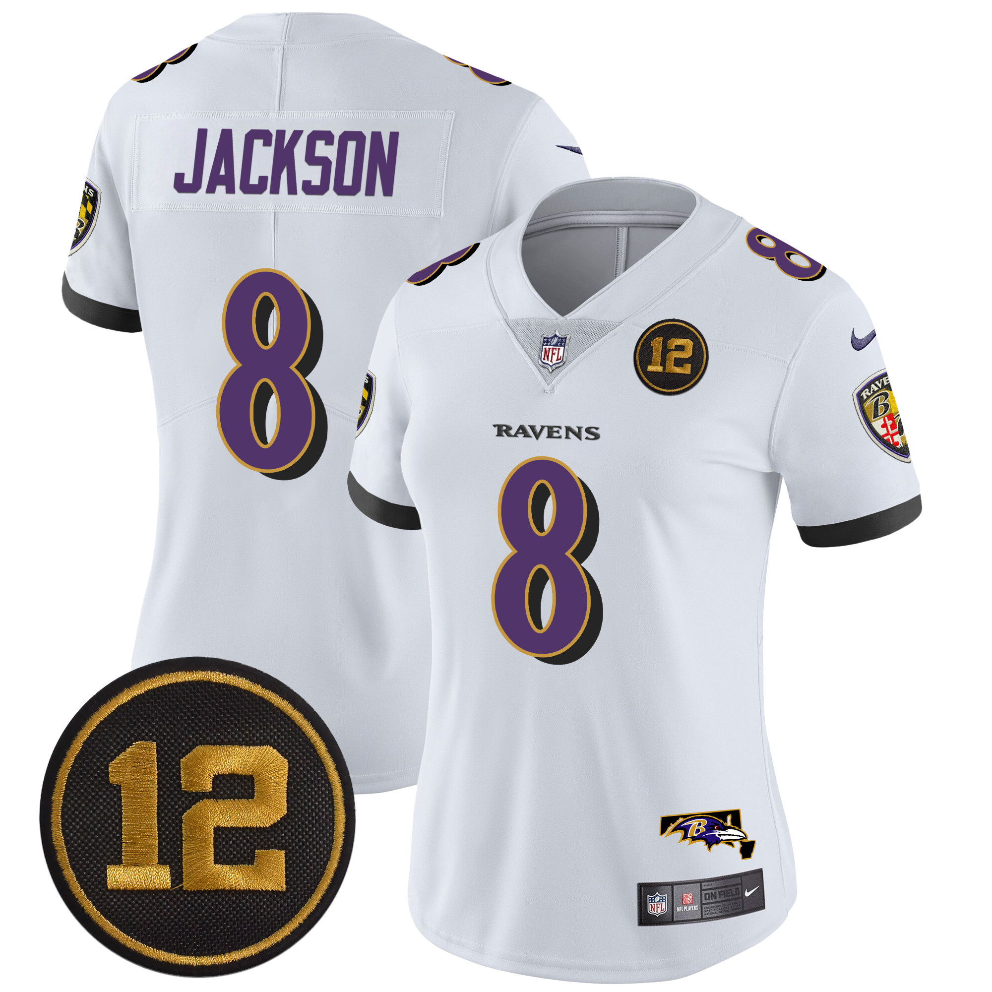 Women's Lamar Jackson Baltimore Ravens Jacoby Jones Patch Vapor Limited White Jersey - All Stitched
