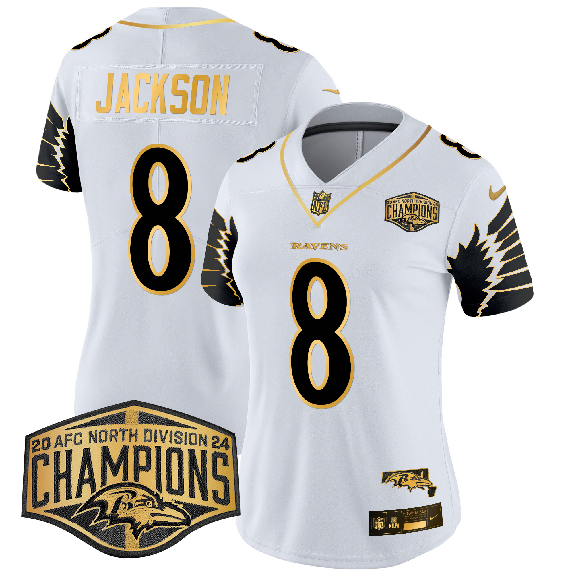 Women's Lamar Jackson Baltimore Ravens Maryland 2024 AFC North Division Champions Patch Gold Vapor Limited White Gold Jersey - All Stitched