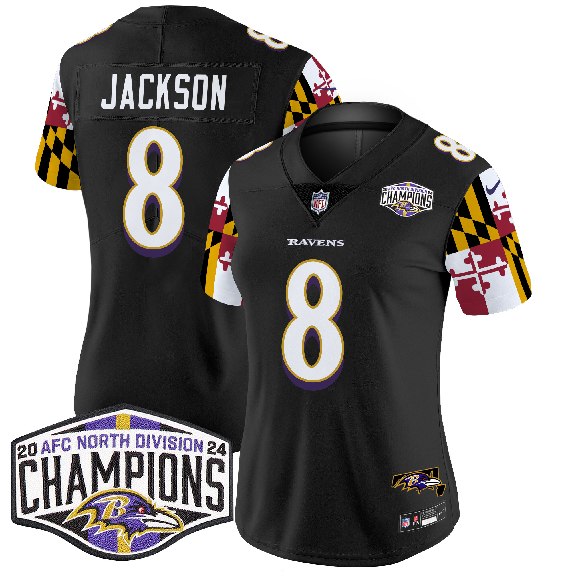 Women's Lamar Jackson Baltimore Ravens Maryland Flag 2024 AFC North Division Champions Patch Vapor Limited Black Jersey - All Stitched