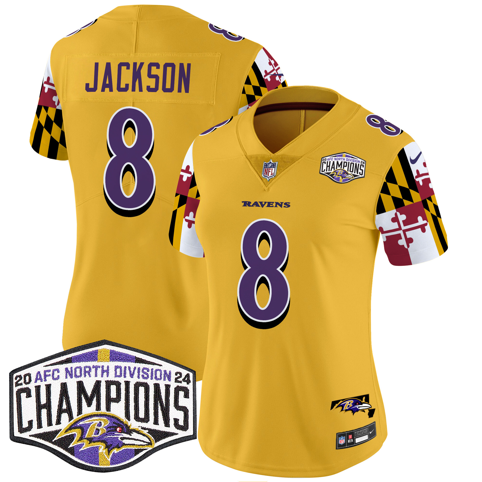 Women's Lamar Jackson Baltimore Ravens Maryland Flag 2024 AFC North Division Champions Patch Vapor Limited Gold Jersey - All Stitched