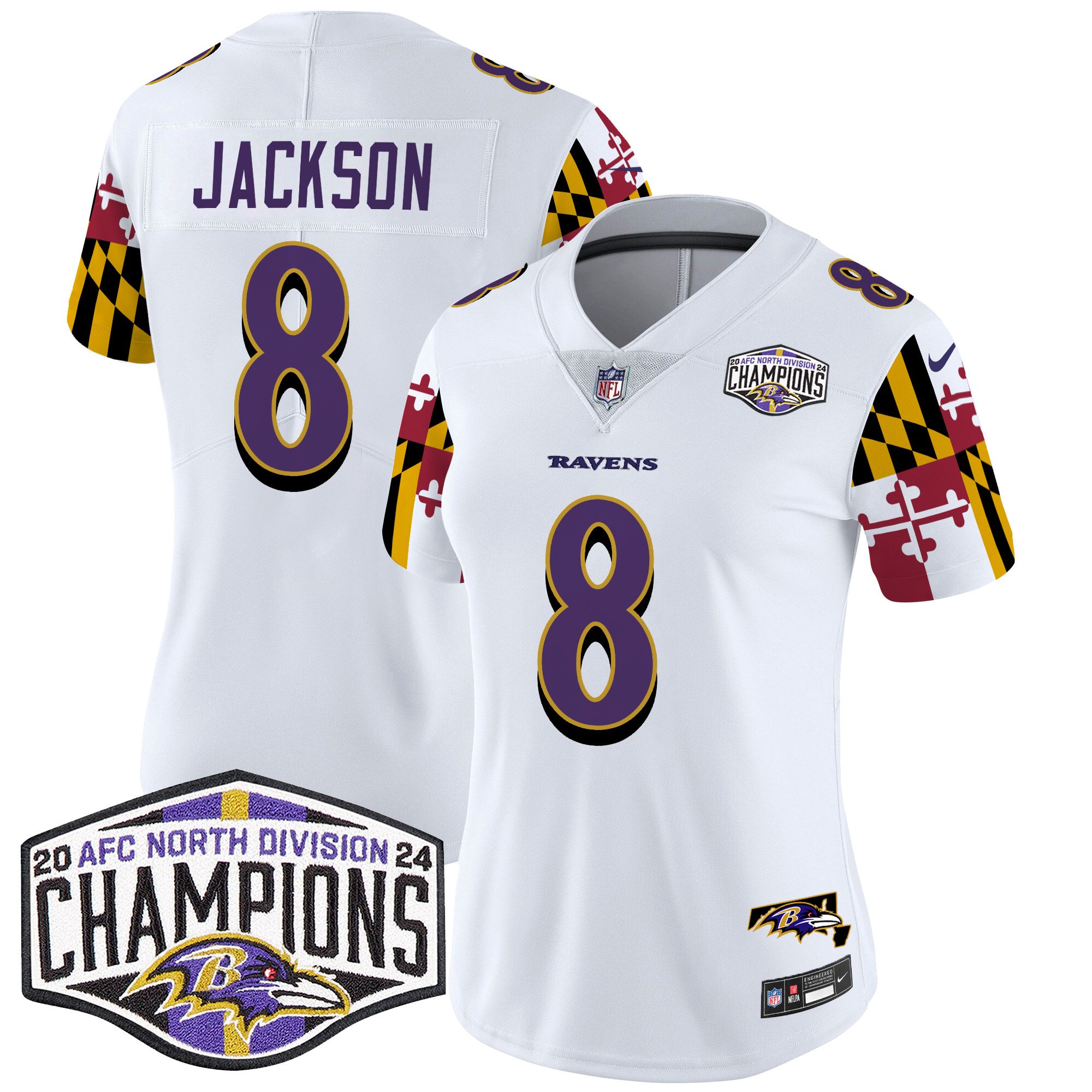 Women's Lamar Jackson Baltimore Ravens Maryland Flag 2024 AFC North Division Champions Patch Vapor Limited White Jersey - All Stitched