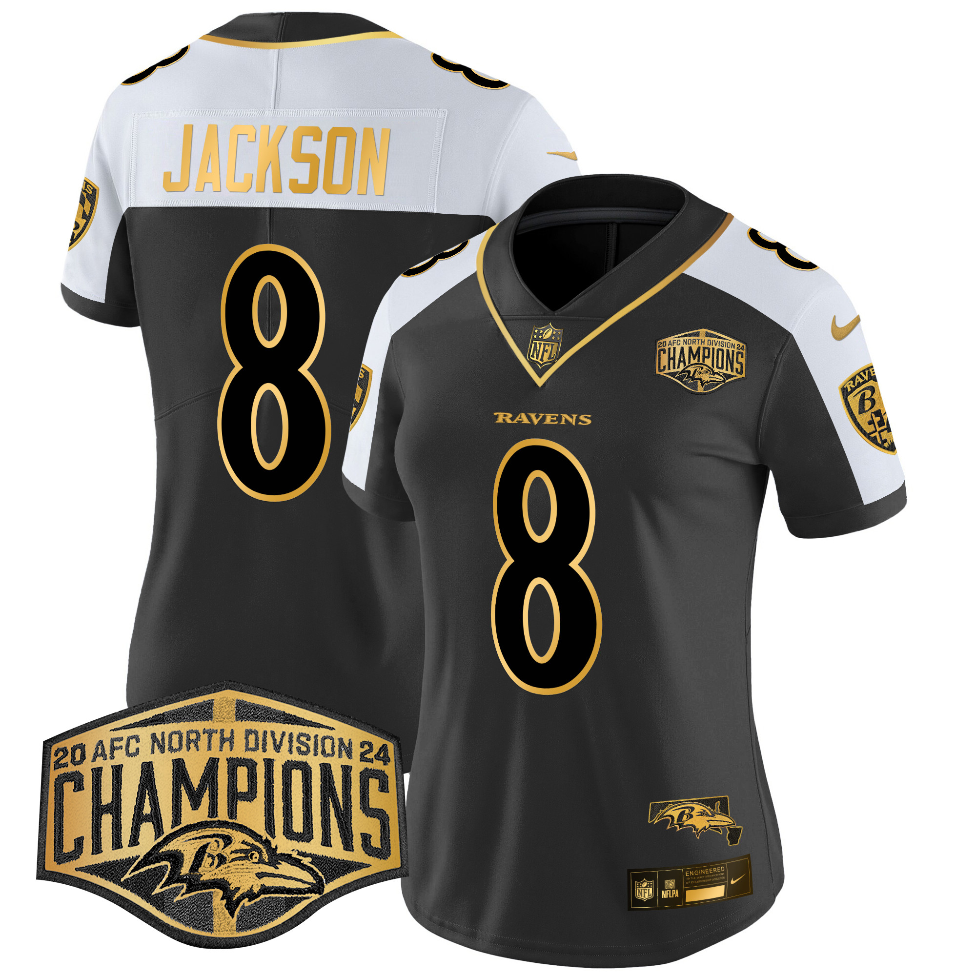 Women's Lamar Jackson Baltimore Ravens Maryland Flag Map 2024 AFC North Division Champions Patch Gold Vapor Limited Alternate Jersey - All Stitched