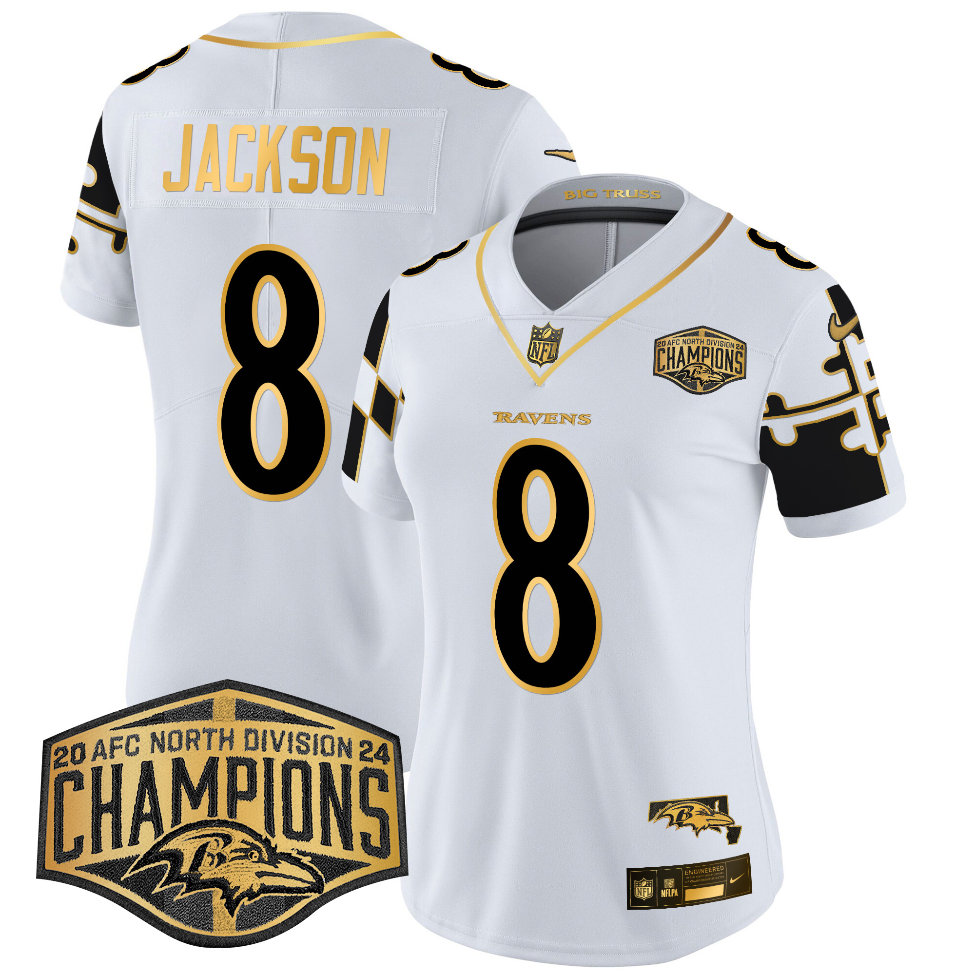 Women's Lamar Jackson Baltimore Ravens Maryland Flag Map 2024 AFC North Division Champions Patch Gold Vapor Limited White Gold Jersey - All Stitched