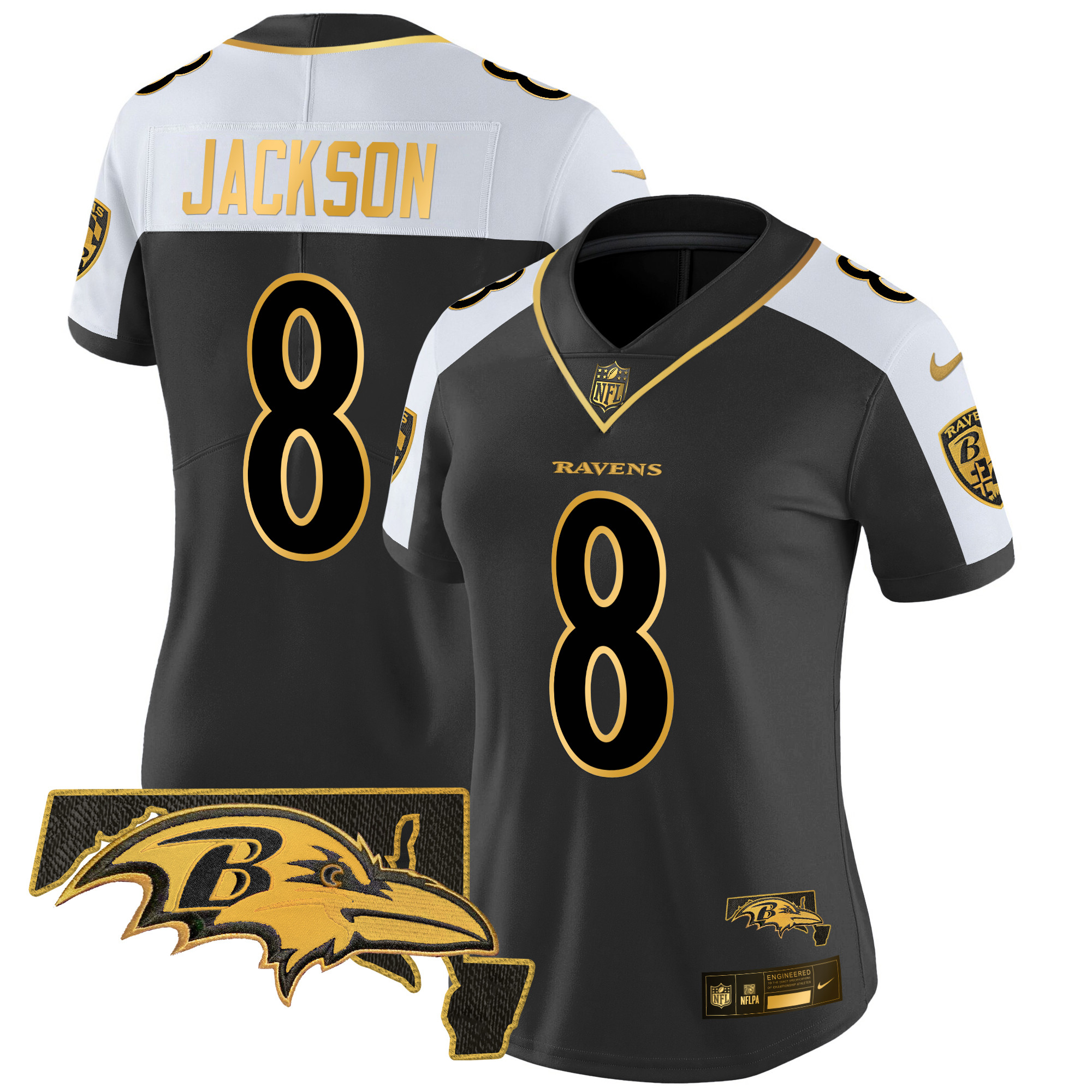 Women's Lamar Jackson Baltimore Ravens Maryland Patch Gold Vapor Limited Alternate Jersey - All Stitched