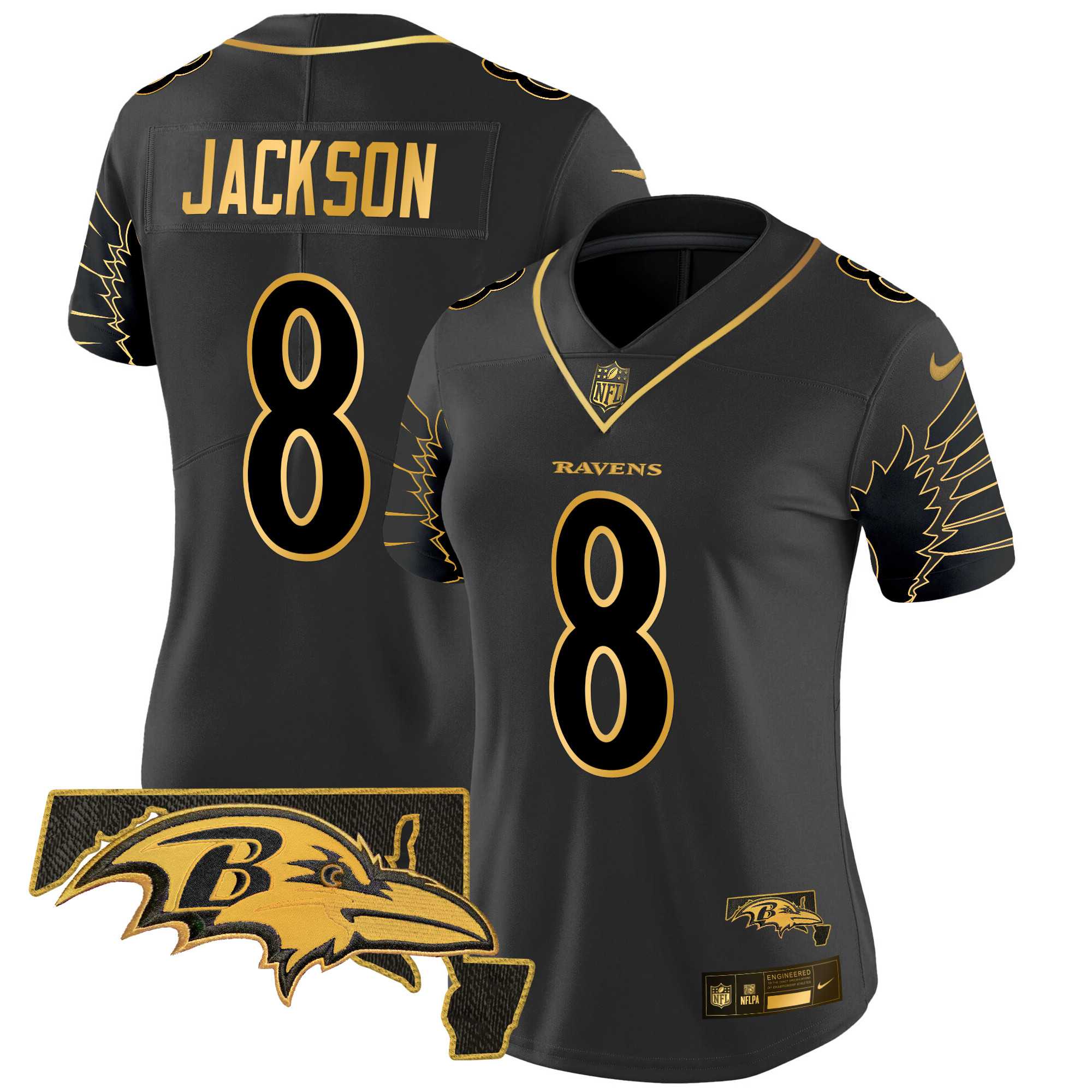Women's Lamar Jackson Baltimore Ravens Maryland Patch Gold Vapor Limited Black Gold Jersey - All Stitched