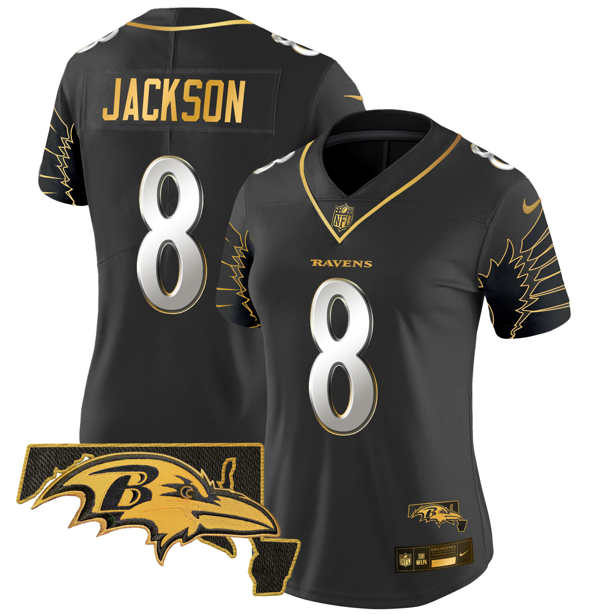 Women's Lamar Jackson Baltimore Ravens Maryland Patch Gold Vapor Limited Black Limited Jersey - All Stitched