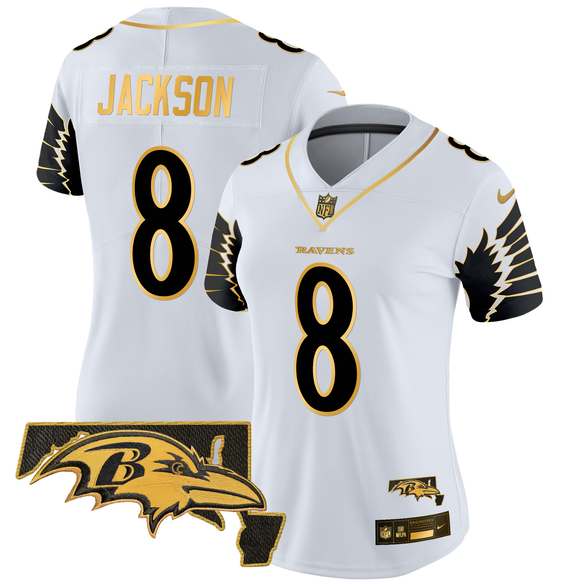 Women's Lamar Jackson Baltimore Ravens Maryland Patch Gold Vapor Limited White Gold Jersey - All Stitched