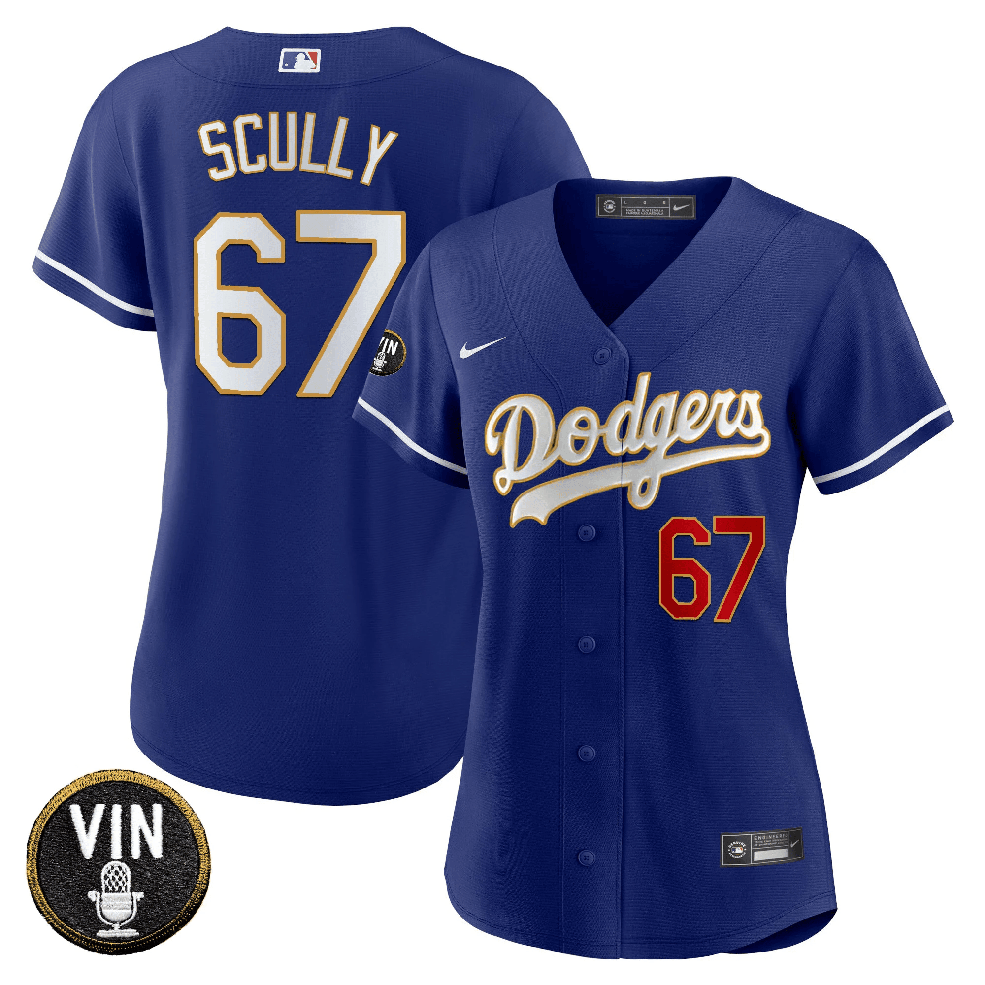 Women's Los Angeles Dodgers Vin Scully Patch Gold Trim Royal Jersey - All Stitched