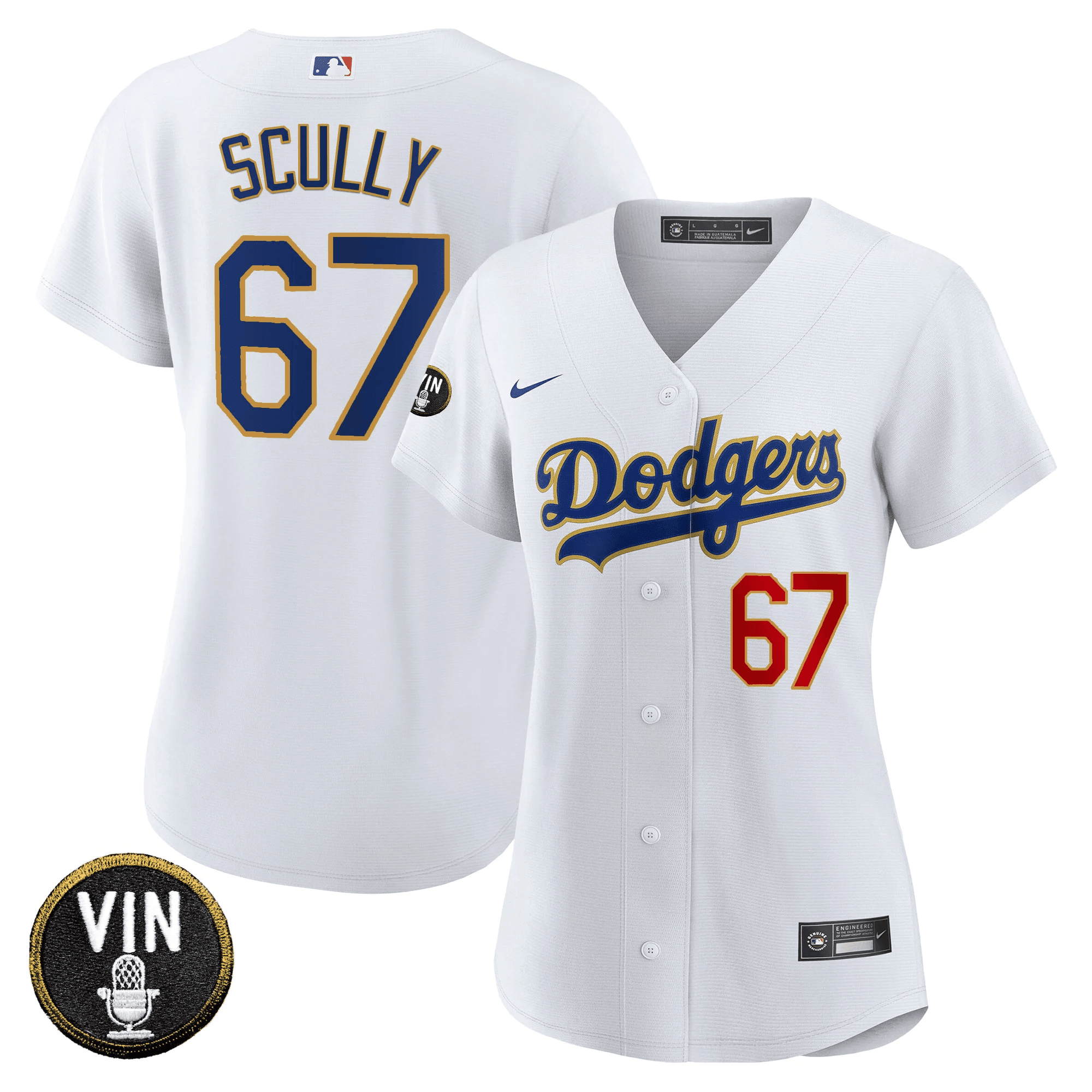 Women's Los Angeles Dodgers Vin Scully Patch Gold Trim White Jersey - All Stitched