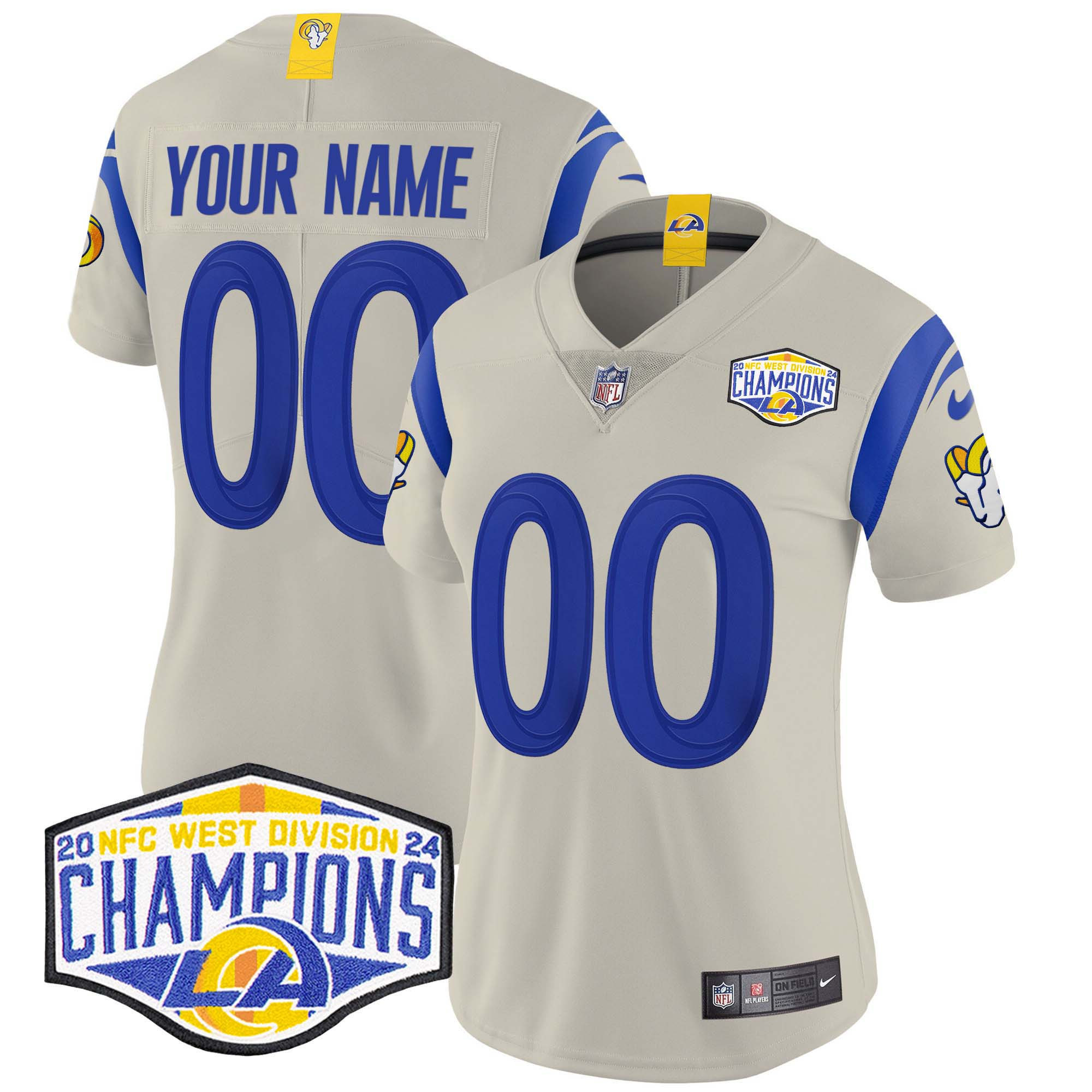 Women's Los Angeles Rams 2024 NFC West Division Champions Vapor Limited Custom Bone Jersey - All Stitched
