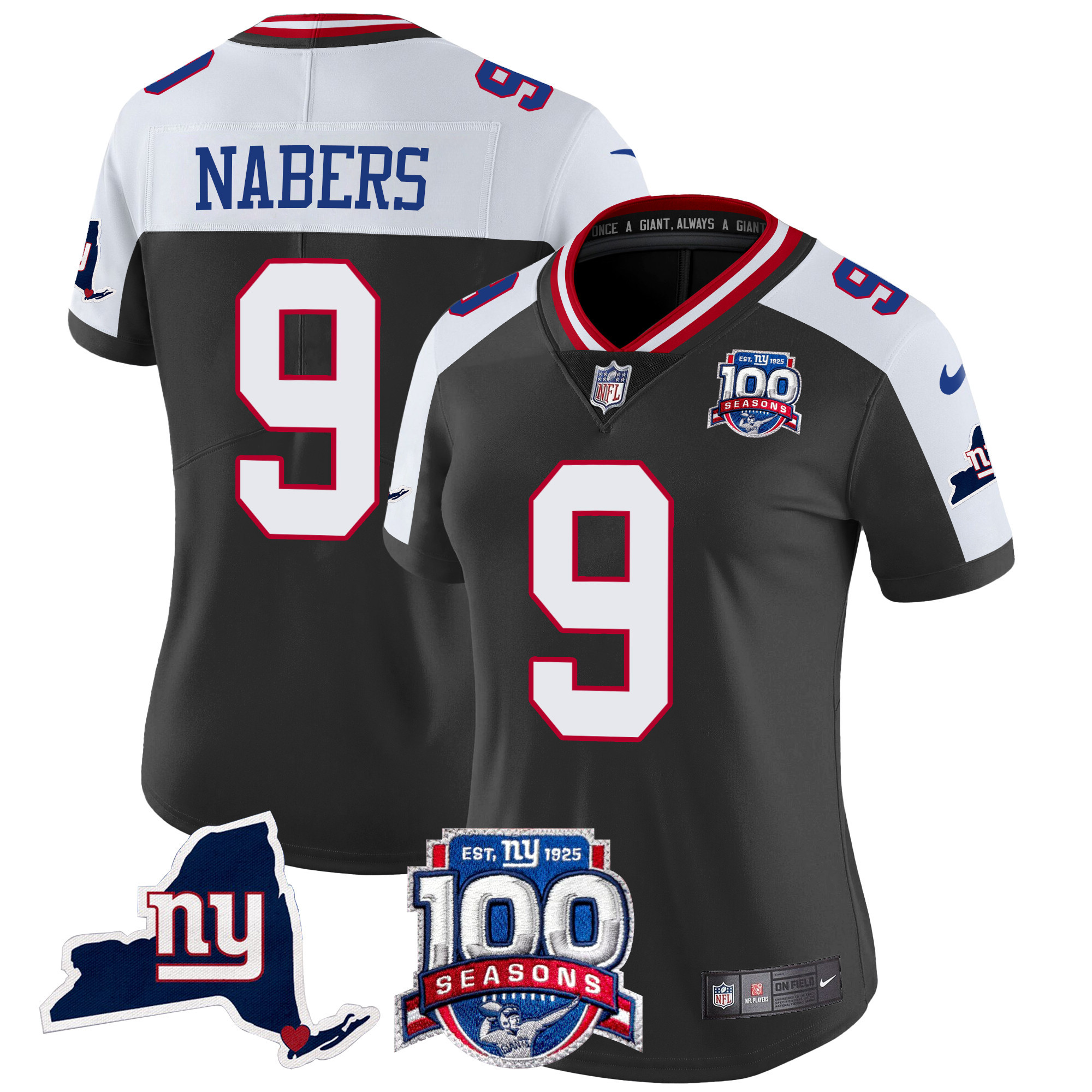 Women's Malik Nabers New York Giants 100th Season & State Patch Vapor Limited Black Alternate Jersey - All Stitched
