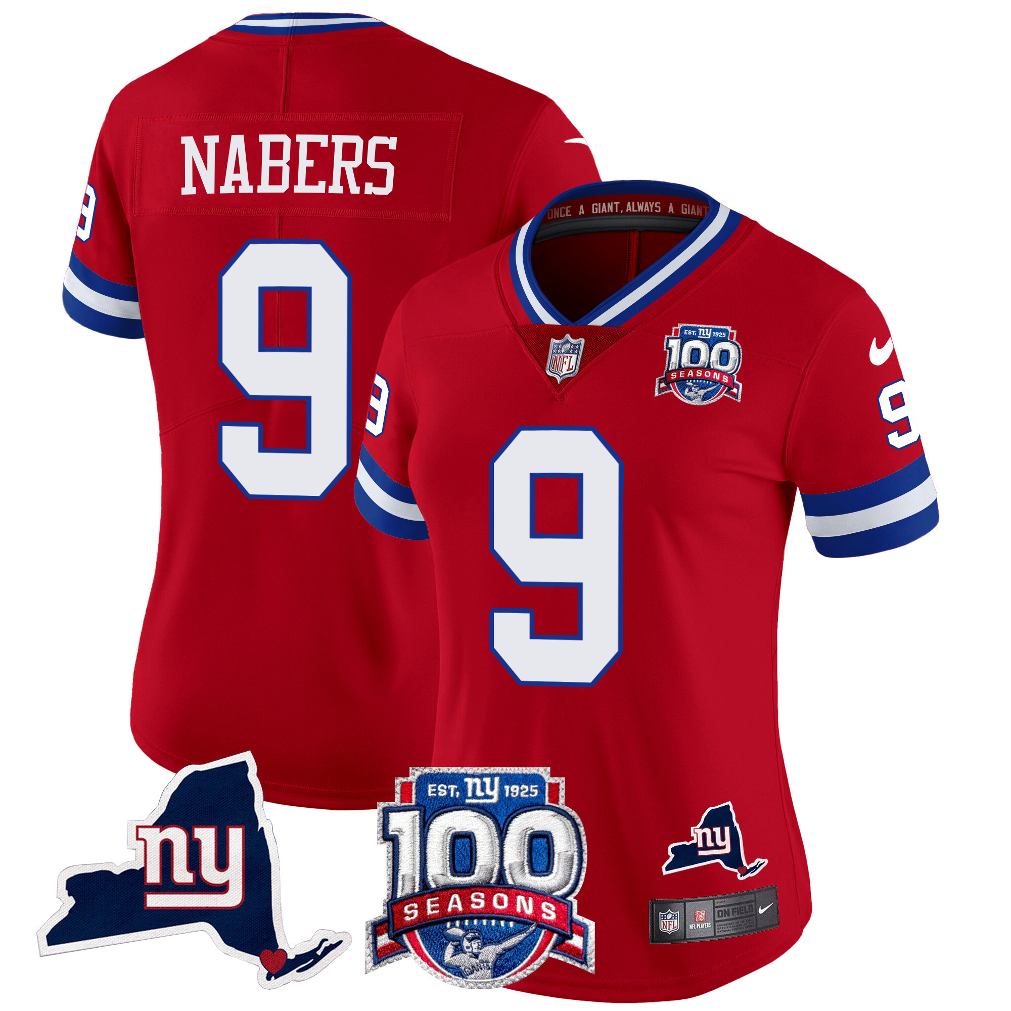 Women's Malik Nabers New York Giants 100th Season & State Patch Vapor Limited Red Jersey - All Stitched