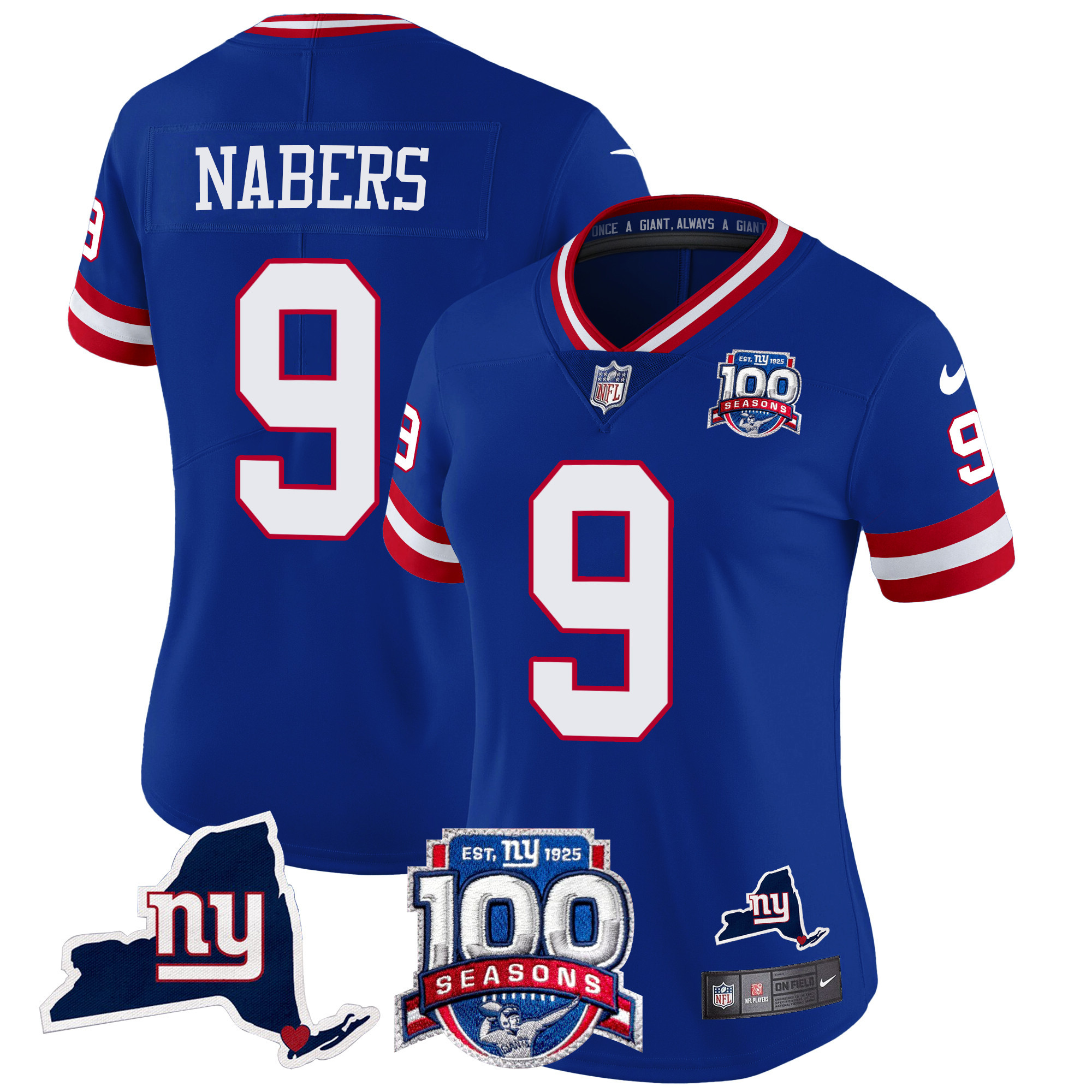 Women's Malik Nabers New York Giants 100th Season & State Patch Vapor Limited Royal Jersey - All Stitched