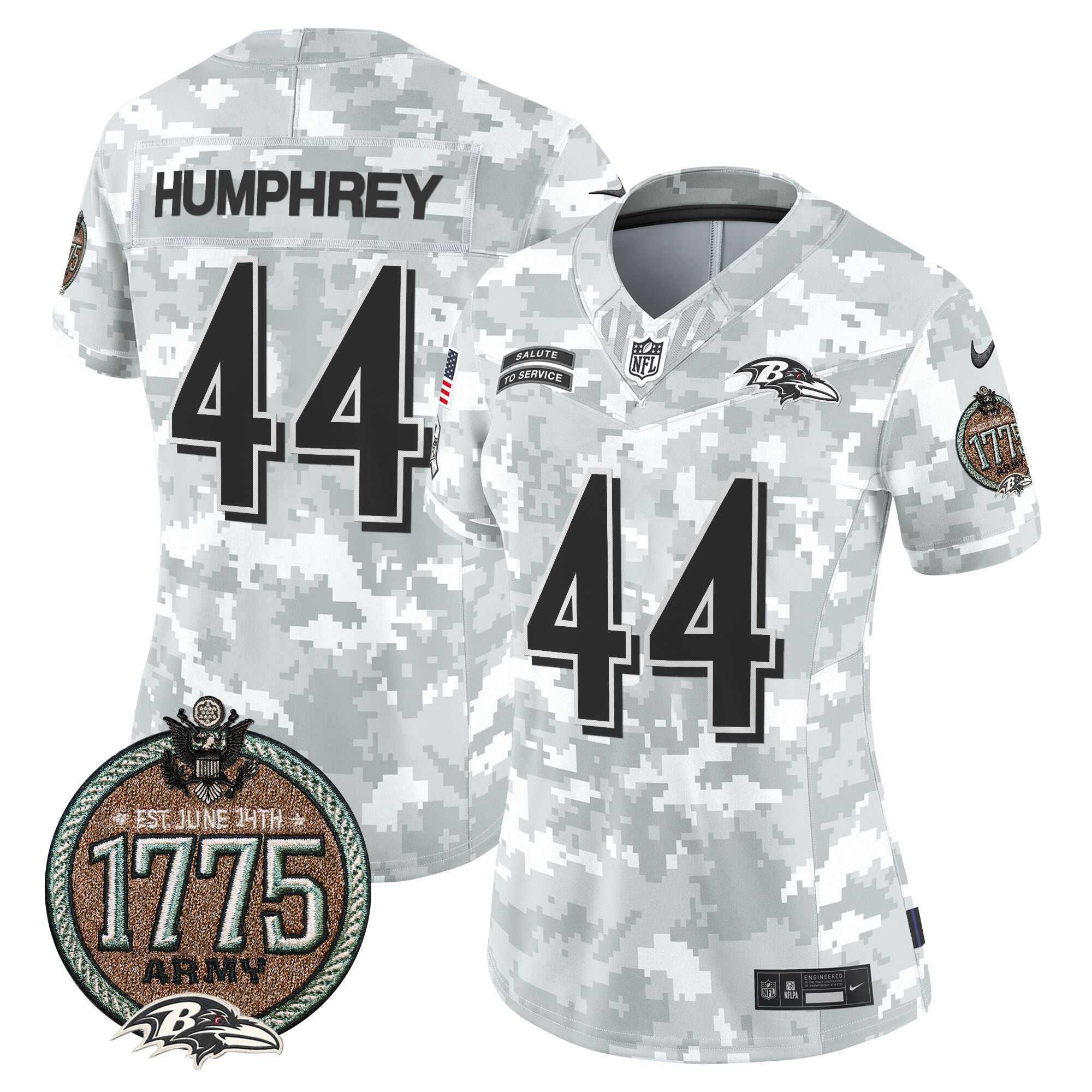 Women's Marlon Humphrey Baltimore Ravens 2024 Salute to Service Establishment Year Patch Vapor Limited Army Jersey - All Stitched
