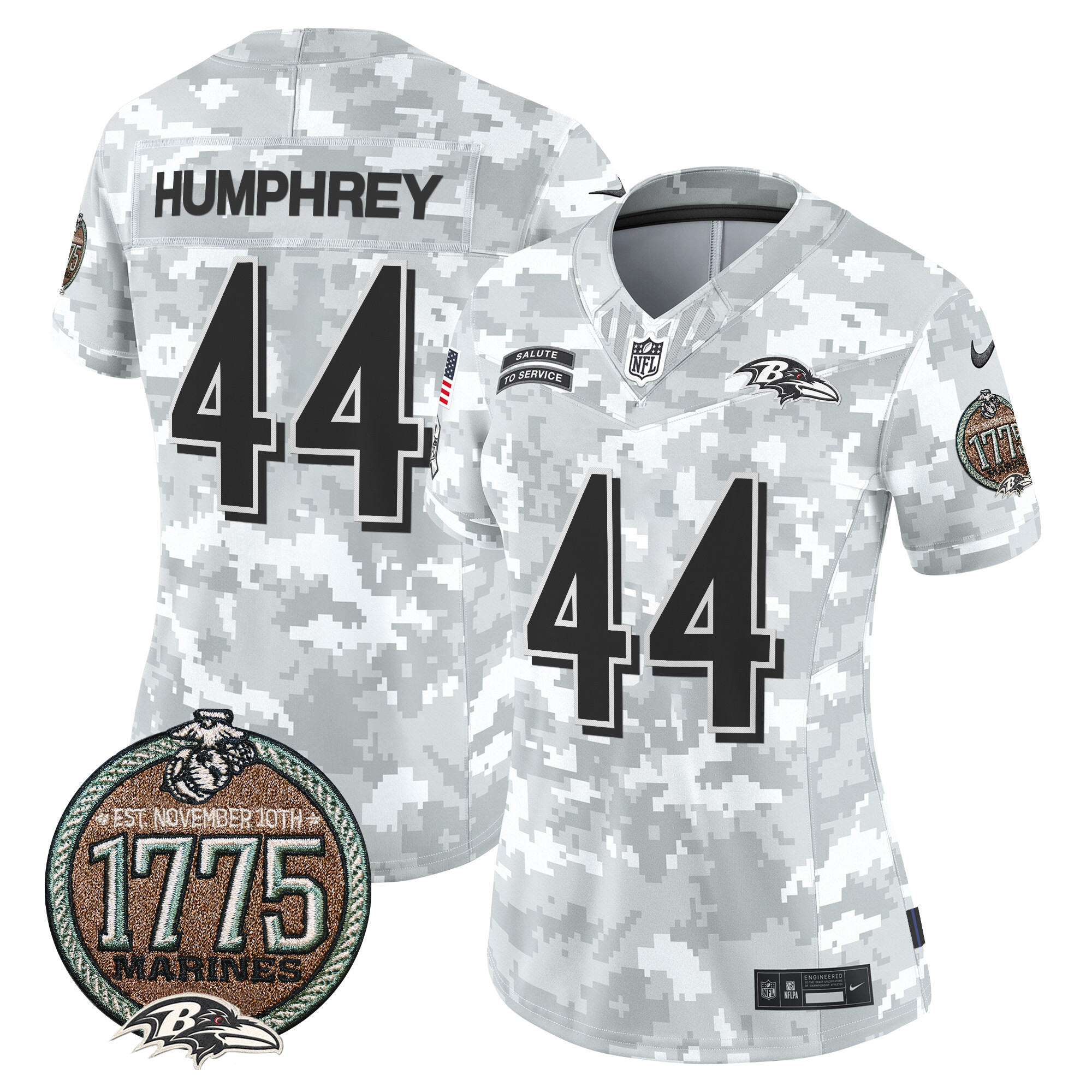 Women's Marlon Humphrey Baltimore Ravens 2024 Salute to Service Establishment Year Patch Vapor Limited Marines Jersey - All Stitched