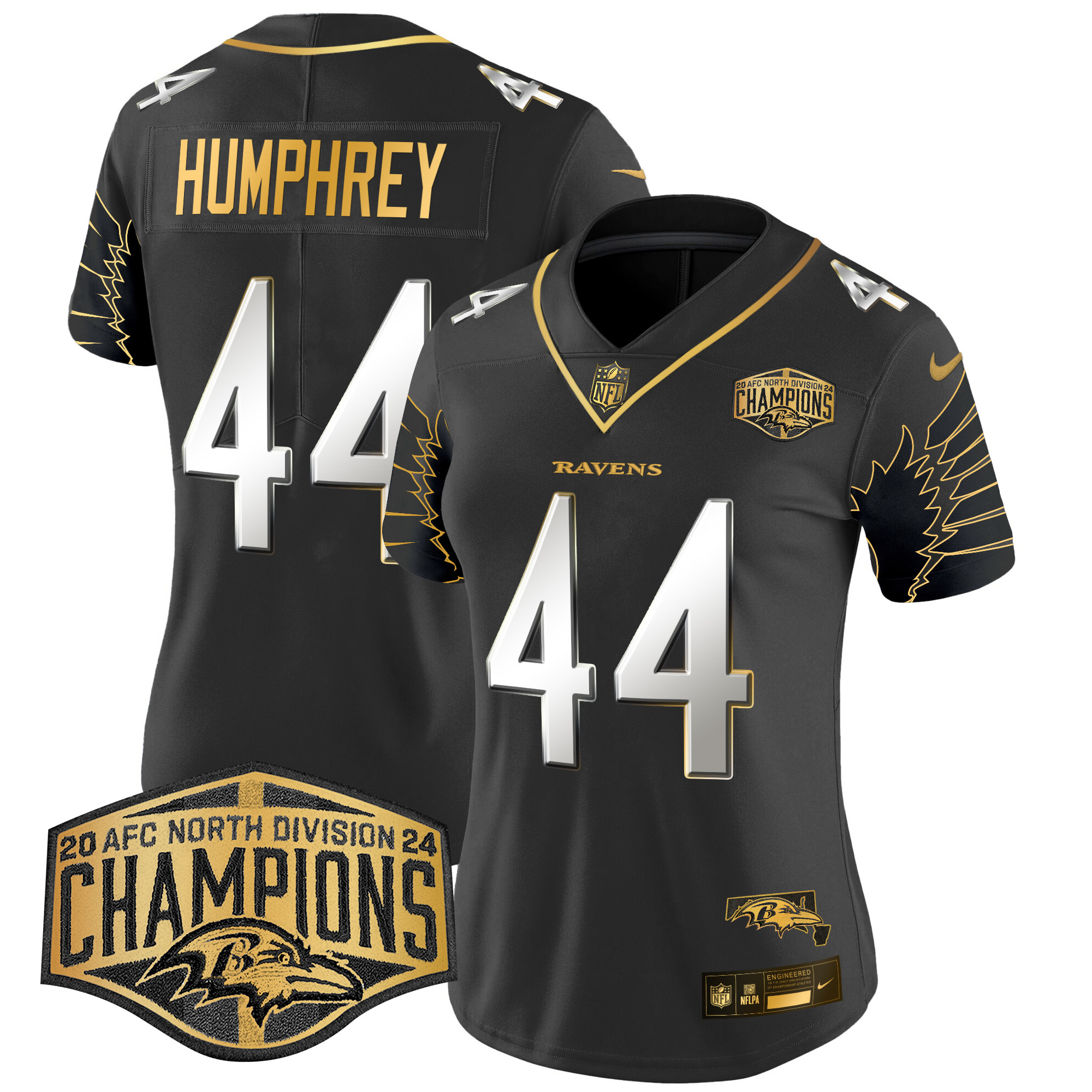 Women's Marlon Humphrey Baltimore Ravens Maryland 2024 AFC North Division Champions Patch Gold Vapor Limited Black Limited Jersey - All Stitched