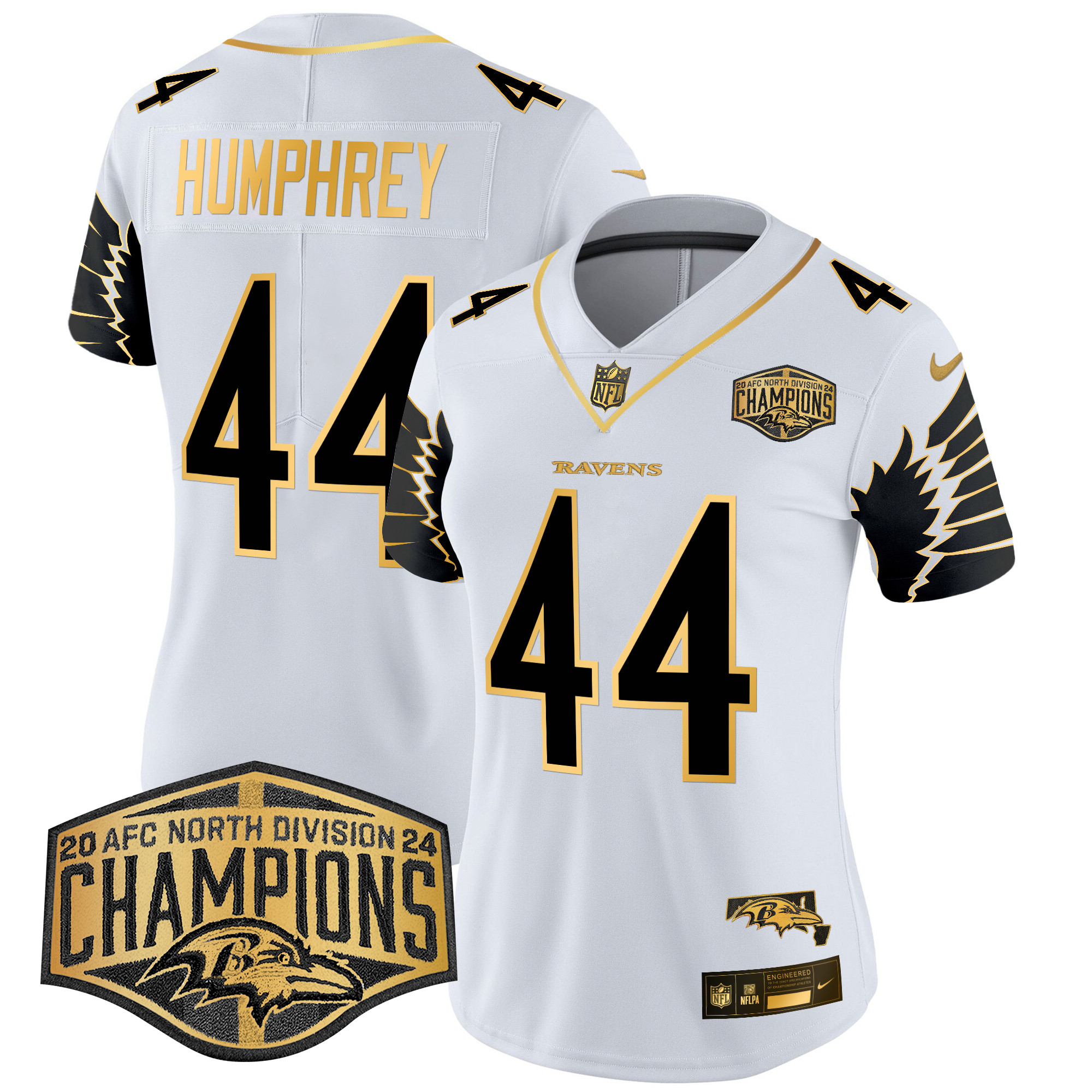 Women's Marlon Humphrey Baltimore Ravens Maryland 2024 AFC North Division Champions Patch Gold Vapor Limited White Gold Jersey - All Stitched