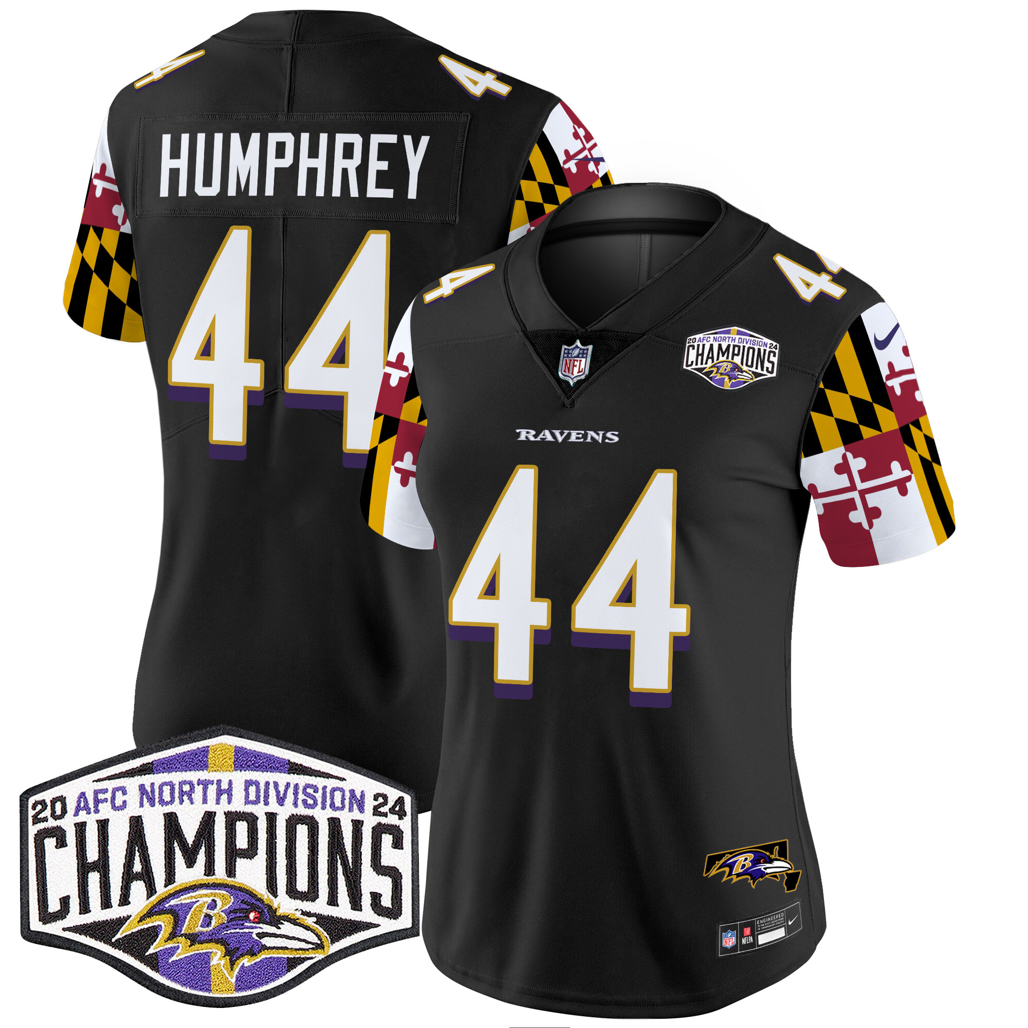 Women's Marlon Humphrey Baltimore Ravens Maryland Flag 2024 AFC North Division Champions Patch Vapor Limited Black Jersey - All Stitched