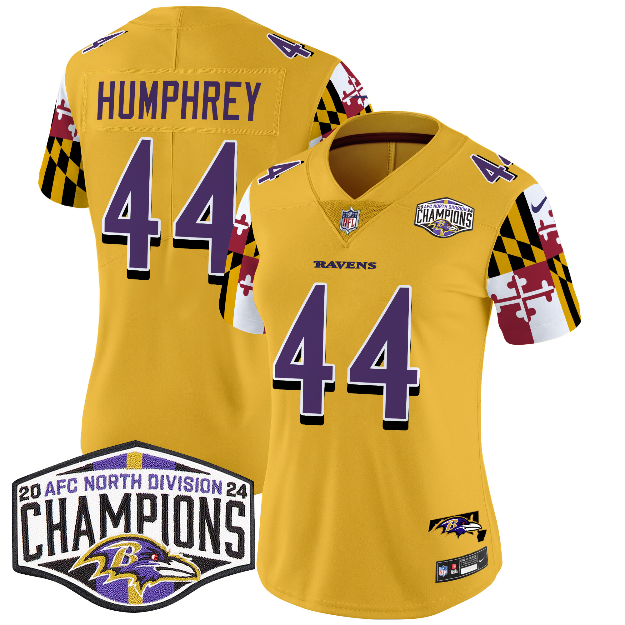 Women's Marlon Humphrey Baltimore Ravens Maryland Flag 2024 AFC North Division Champions Patch Vapor Limited Gold Jersey - All Stitched
