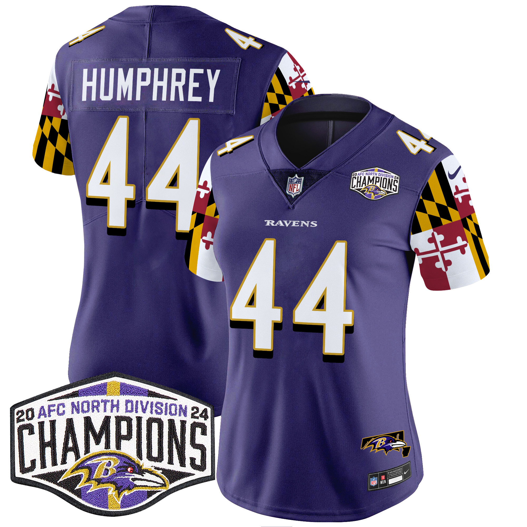 Women's Marlon Humphrey Baltimore Ravens Maryland Flag 2024 AFC North Division Champions Patch Vapor Limited Purple Jersey - All Stitched