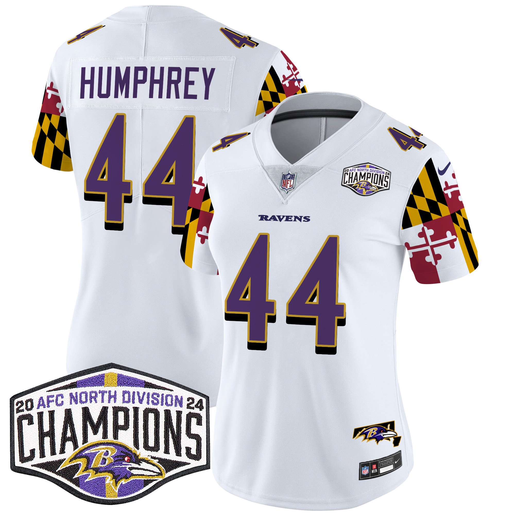 Women's Marlon Humphrey Baltimore Ravens Maryland Flag 2024 AFC North Division Champions Patch Vapor Limited White Jersey - All Stitched