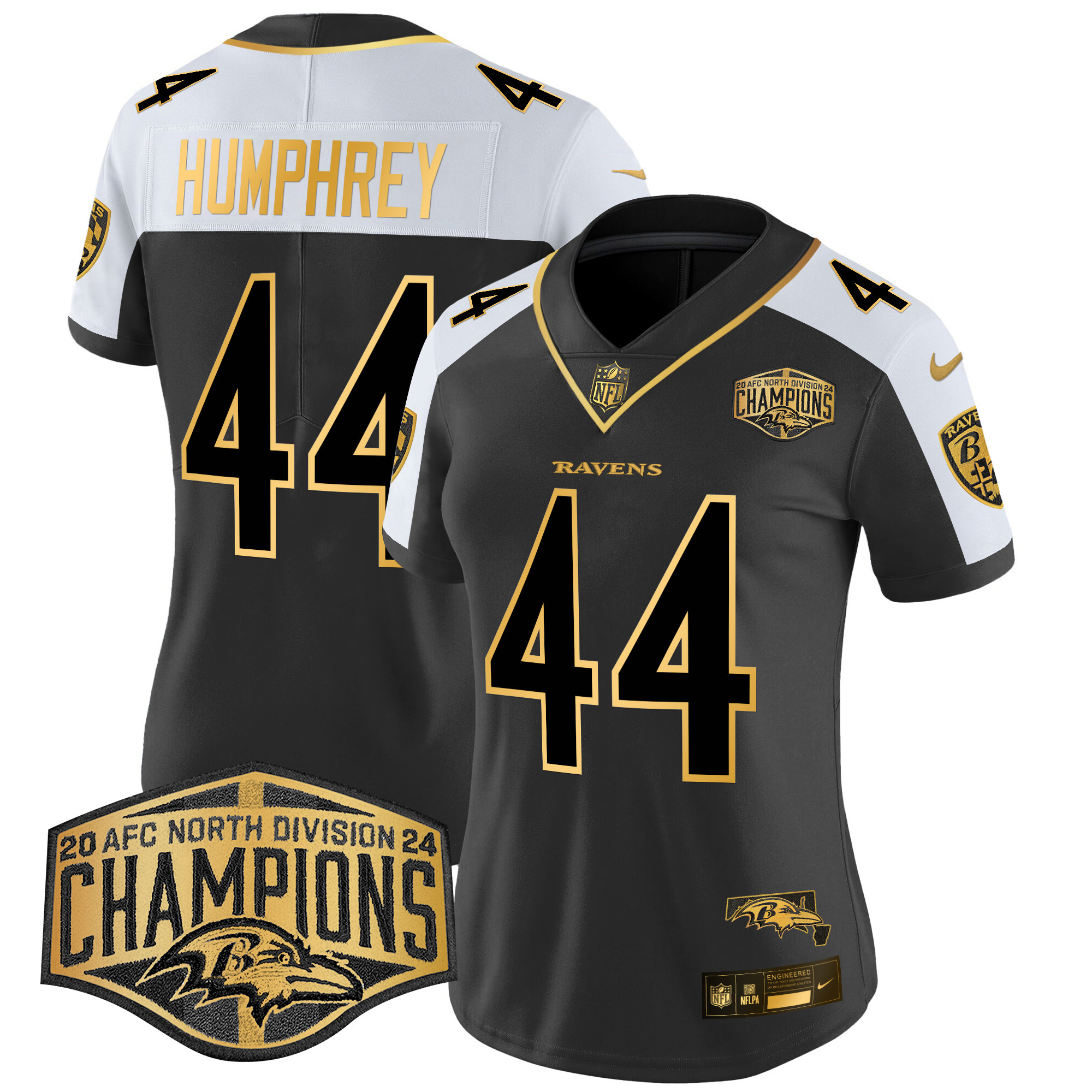 Women's Marlon Humphrey Baltimore Ravens Maryland Flag Map 2024 AFC North Division Champions Patch Gold Vapor Limited Alternate Jersey - All Stitched