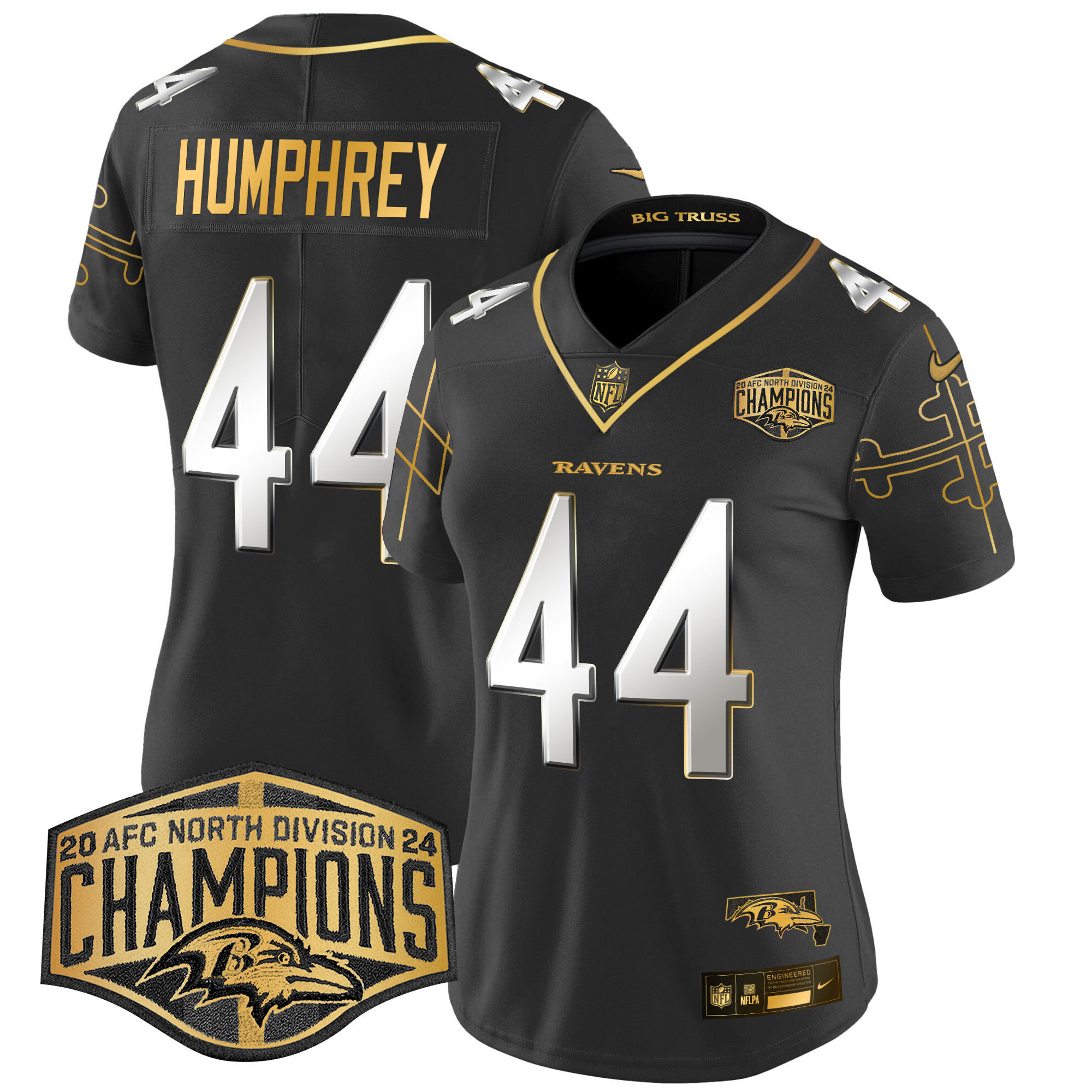 Women's Marlon Humphrey Baltimore Ravens Maryland Flag Map 2024 AFC North Division Champions Patch Gold Vapor Limited Black Limited Jersey - All Stitched