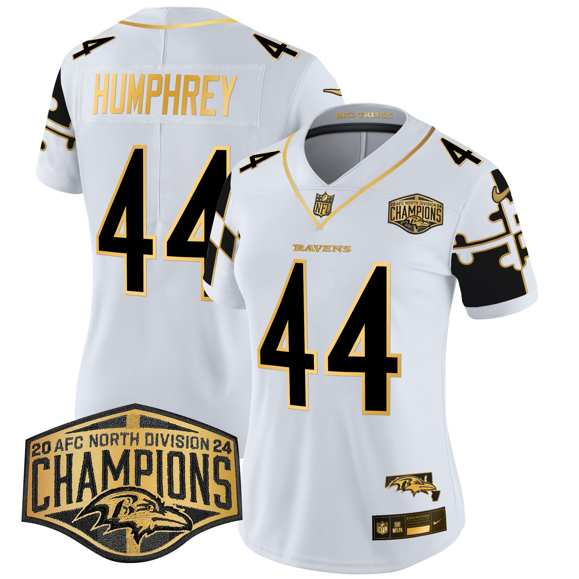 Women's Marlon Humphrey Baltimore Ravens Maryland Flag Map 2024 AFC North Division Champions Patch Gold Vapor Limited White Gold Jersey - All Stitched