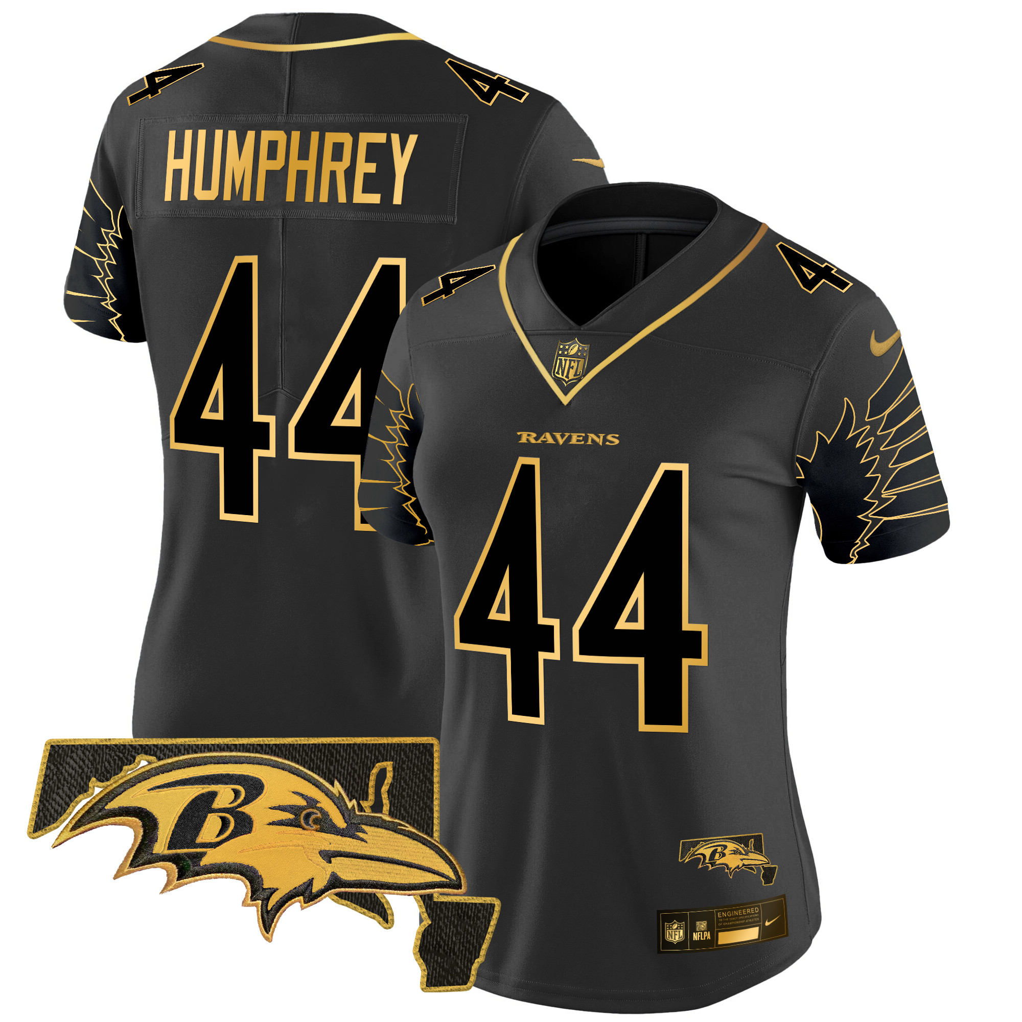 Women's Marlon Humphrey Baltimore Ravens Maryland Patch Gold Vapor Limited Black Gold Jersey - All Stitched